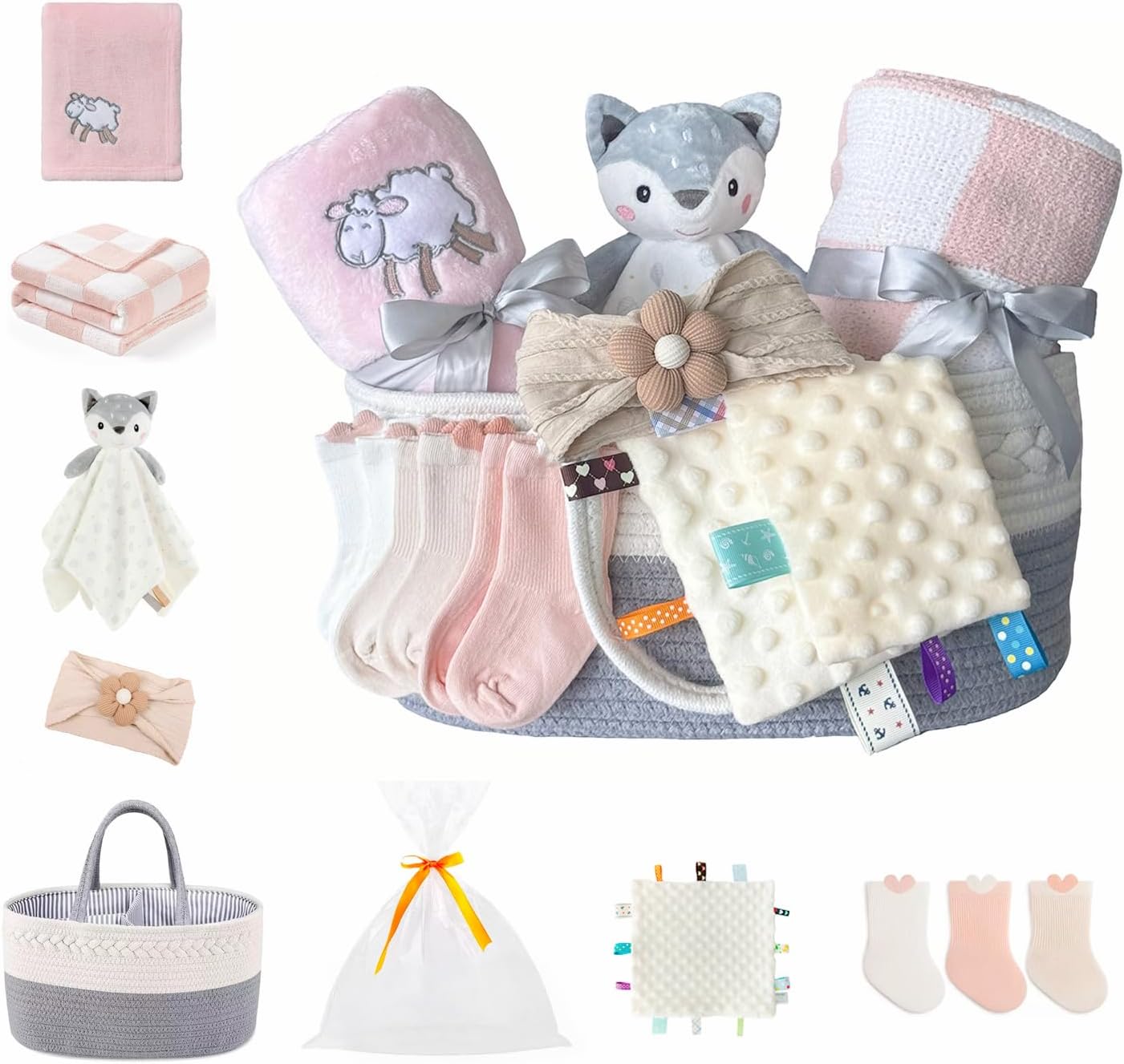 CREVENT Set for Girls -Diaper Caddy Organizer Basket with 2 Blankets, 1 Taggie, 1 Lovey, 3 Socks，1 Headband，1 Gift Bag with Ribbon - Newborn Essential Gift Set (Pink)