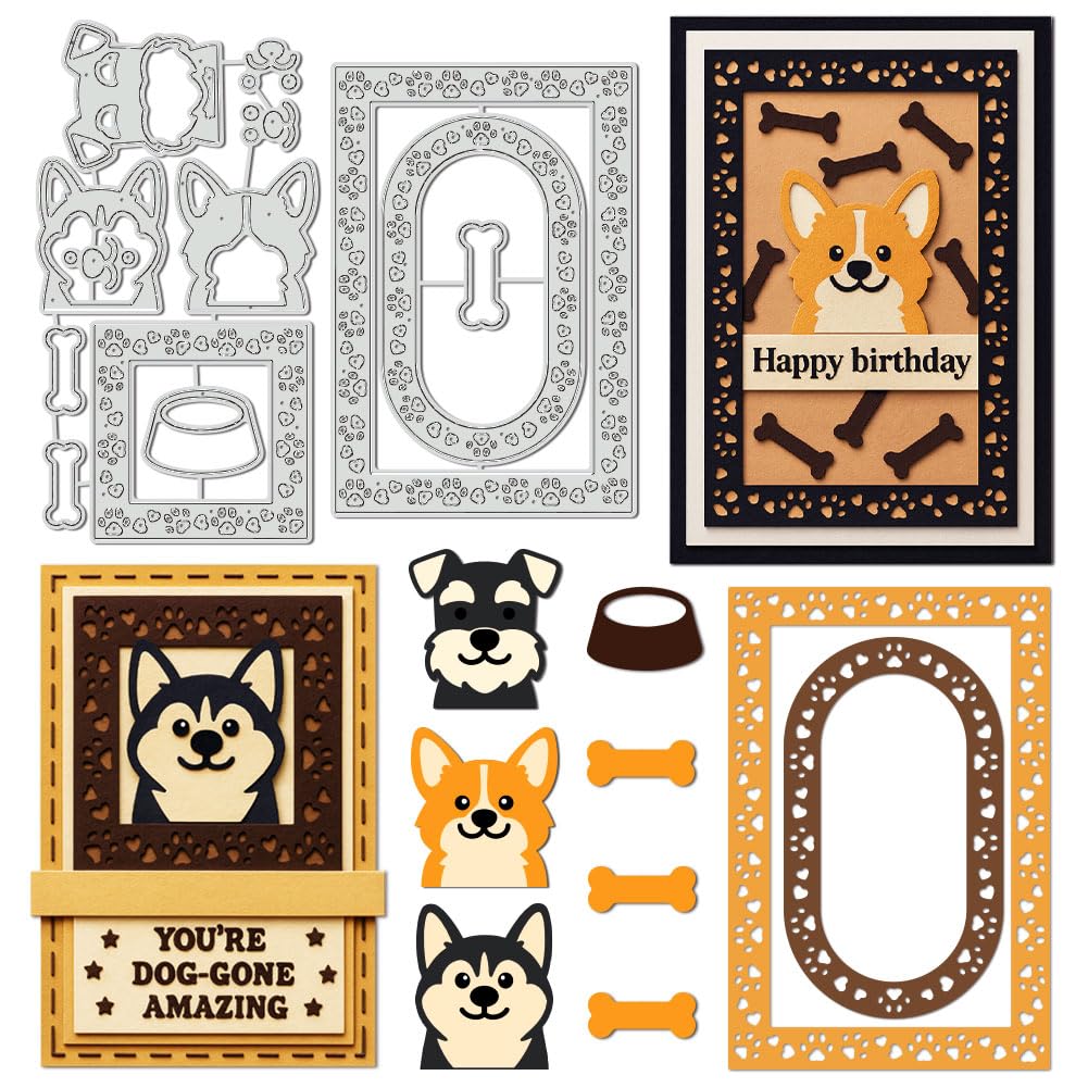UNICRAFTALE 13Pcs Paw Prints Background Carbon Steel Cutting Dies Stencils Pets Dogs Cutting Dies for Card Making Corgi Embossing Paper Die Stencils for Scrapbooking Photo Album