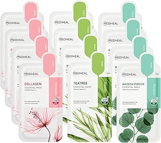 Mediheal Sheet Mask Essential HERO 12 Pack (Collagen, Tea Tree, Madecassoside) | Korean Skincare Facial Sheet Mask Combo, Moisturizing, Soothing and for Blemishes