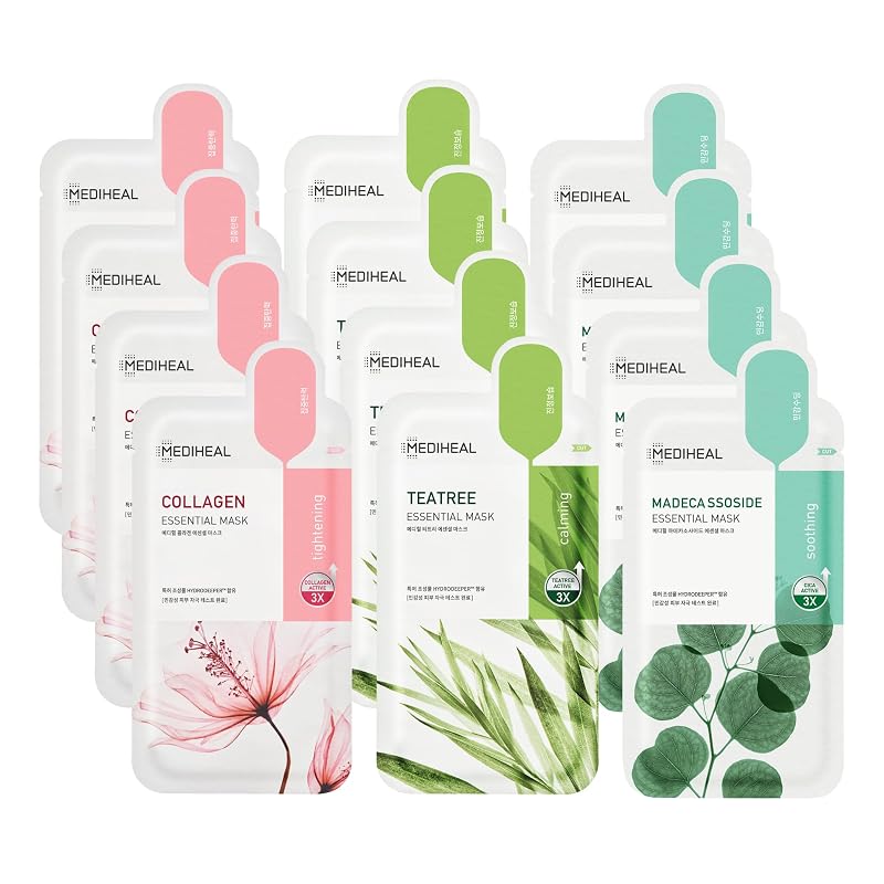 Mediheal Essential HERO Máscaras Faciais de Tecido com Colágeno, Tea Tree e Madecassoside, Pacote com 12