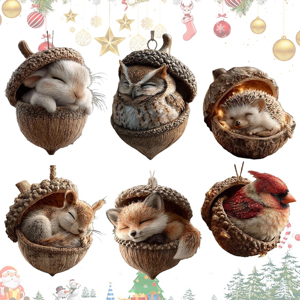 Forest Animal Acorn Ornaments, Cozy Forest Christmas Ornaments, Pine Cone Animal Decoration, 2D Acrylic Forests Animals Acorn Ornament, Acrylic Hanging Ornament for Christmas Tree Decorations