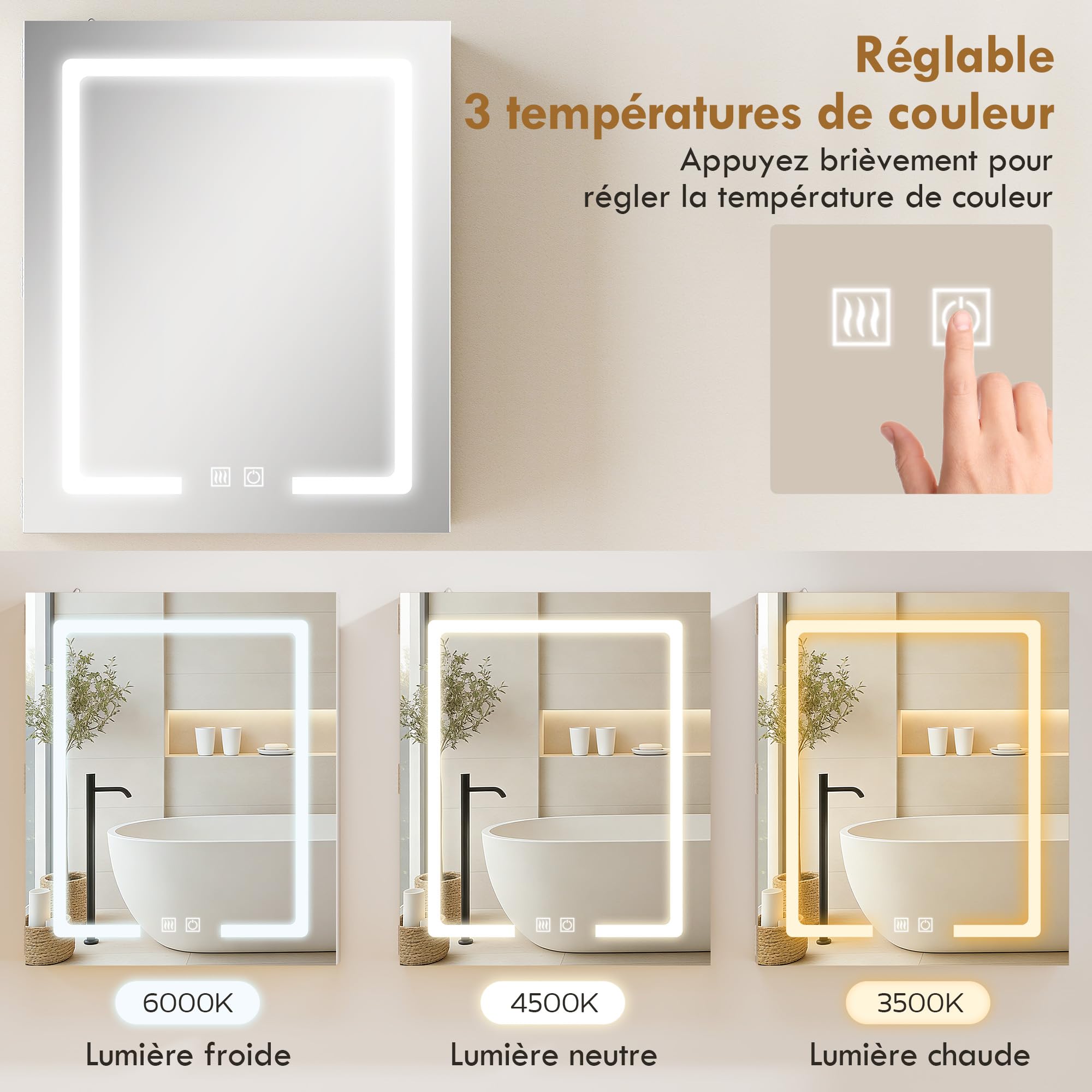 HOMCOM Armoire Murale Salle de Bain avec Miroir et éclairage LED, 50 x 15 x 60 cm, Meuble Salle de Bain avec Anti-buée, étagères réglables, 3 températures de lumière, Interrupteur Tactile, Blanc