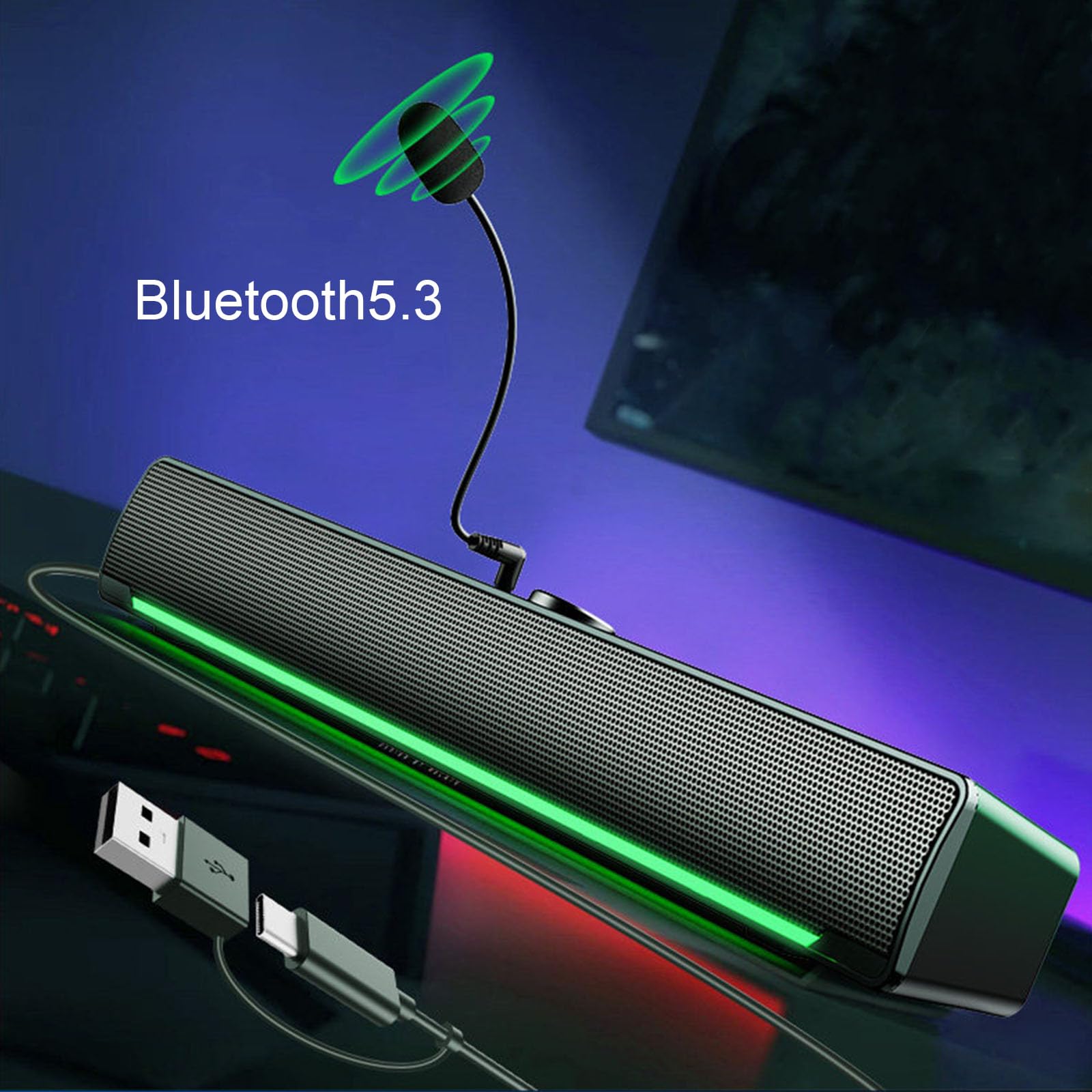 Haut-parleurs PC, 3W Portable Stéréo Surround 3D Soundbar avec lumières LED vertes, USB Bluetooth5.3 Audio 2.0 Canaux Caisses Moniteur pour PC de bureau Ordinateur Portable TV (USB+Bluetooth5.3)