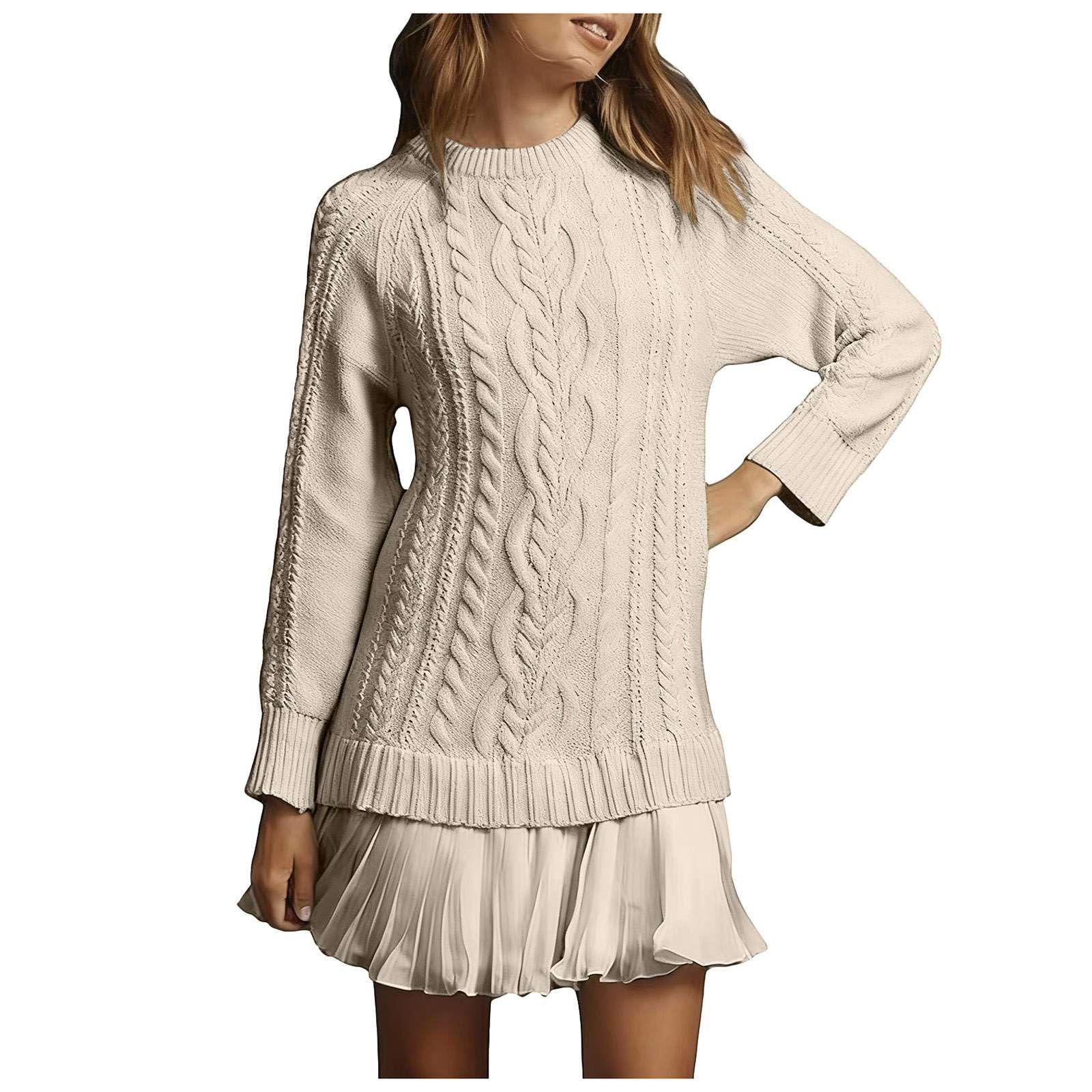 Women Crewneck Cable Knit Sweater Mini Dress Long Sleeve Pleated Sweater Dress Causal Twofer Style Patchwork Dress