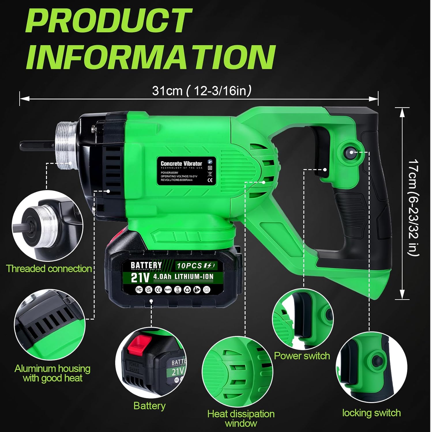 850W Cordless Electric Concrete Vibrator Compatible with Makita 18V Battery, 3.8Ft Concrete Vibrating Tool with 35mm Diameter Shaft Rod, 6000RPM Concrete Tools for Remove Air Bubble and Mix Concrete
