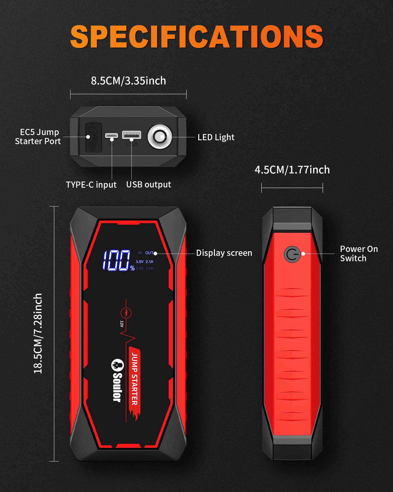 Avviatore di emergenza per batteria auto, 5000 A, portatile, per motori fino a 8 l a gas e diesel da 6 l, caricabatterie da auto da 12 V, con cavi di avviamento e luce LED