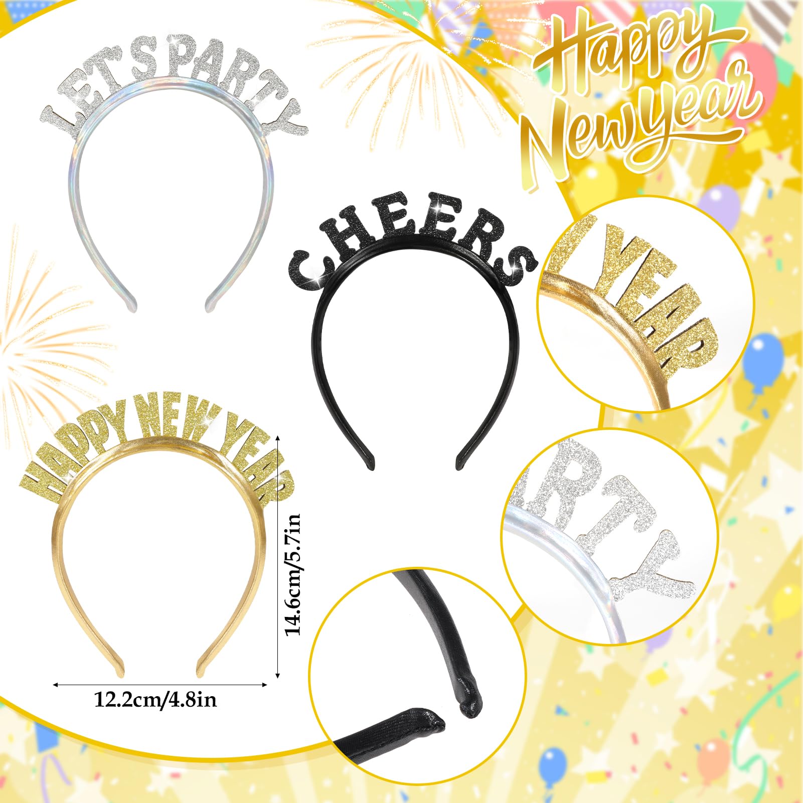 DPKOW 3pcs Glitter Happy New Year Headbands Tiara Hair Accessories New Years Eve Decorations 2026 Black Gold Silver Lets Party Cheers Headband Headdress NYE Party Favors 2026 NYE Photo Booth Props Kit - Image 2