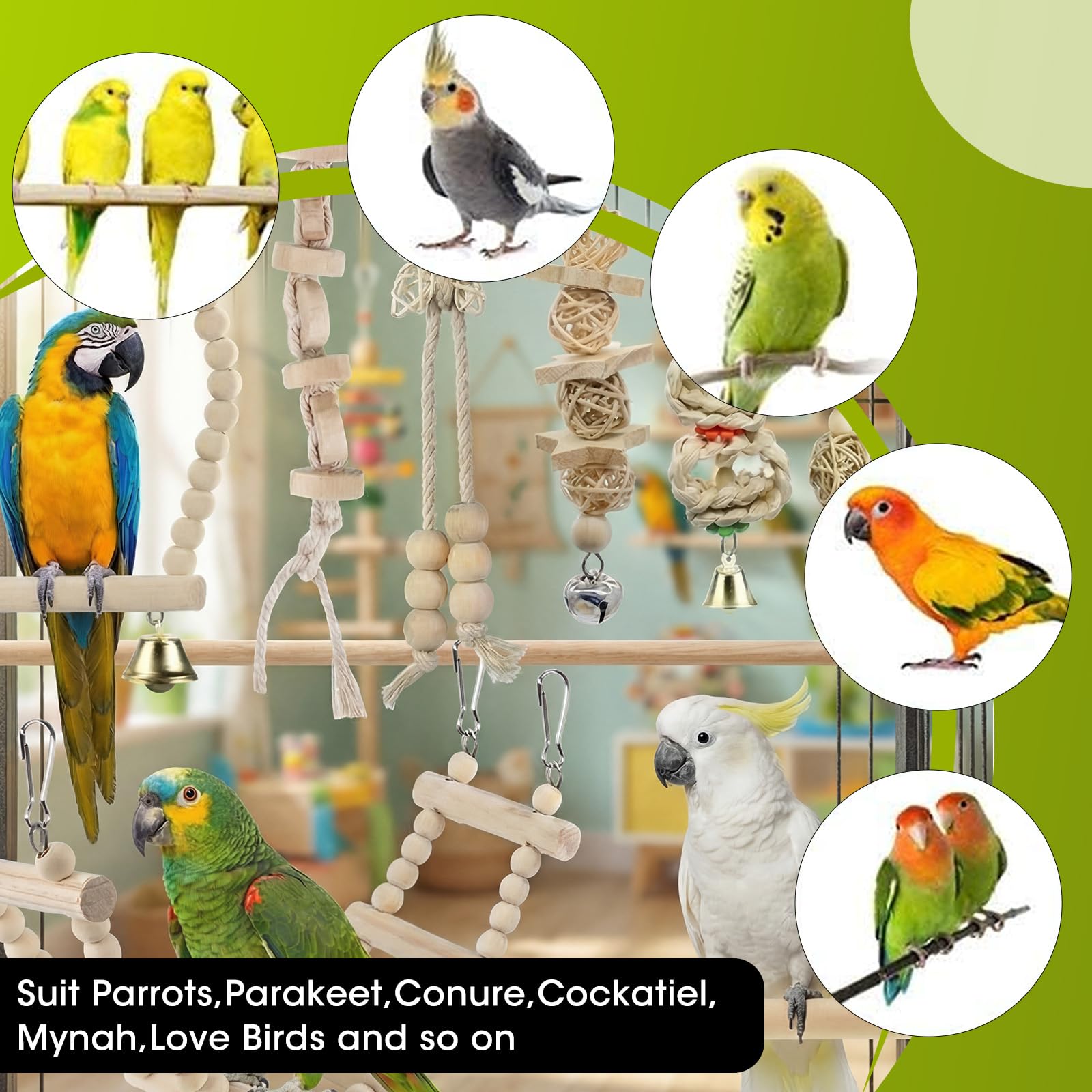 Set di 9 Giochi per Pappagalli, Giocattoli per Pappagalli in Legno Naturale, con Altalena, Scala e Campanella, per Gabbia Uccelli, Per Pappagallini, Ara Piccoli e Uccelli