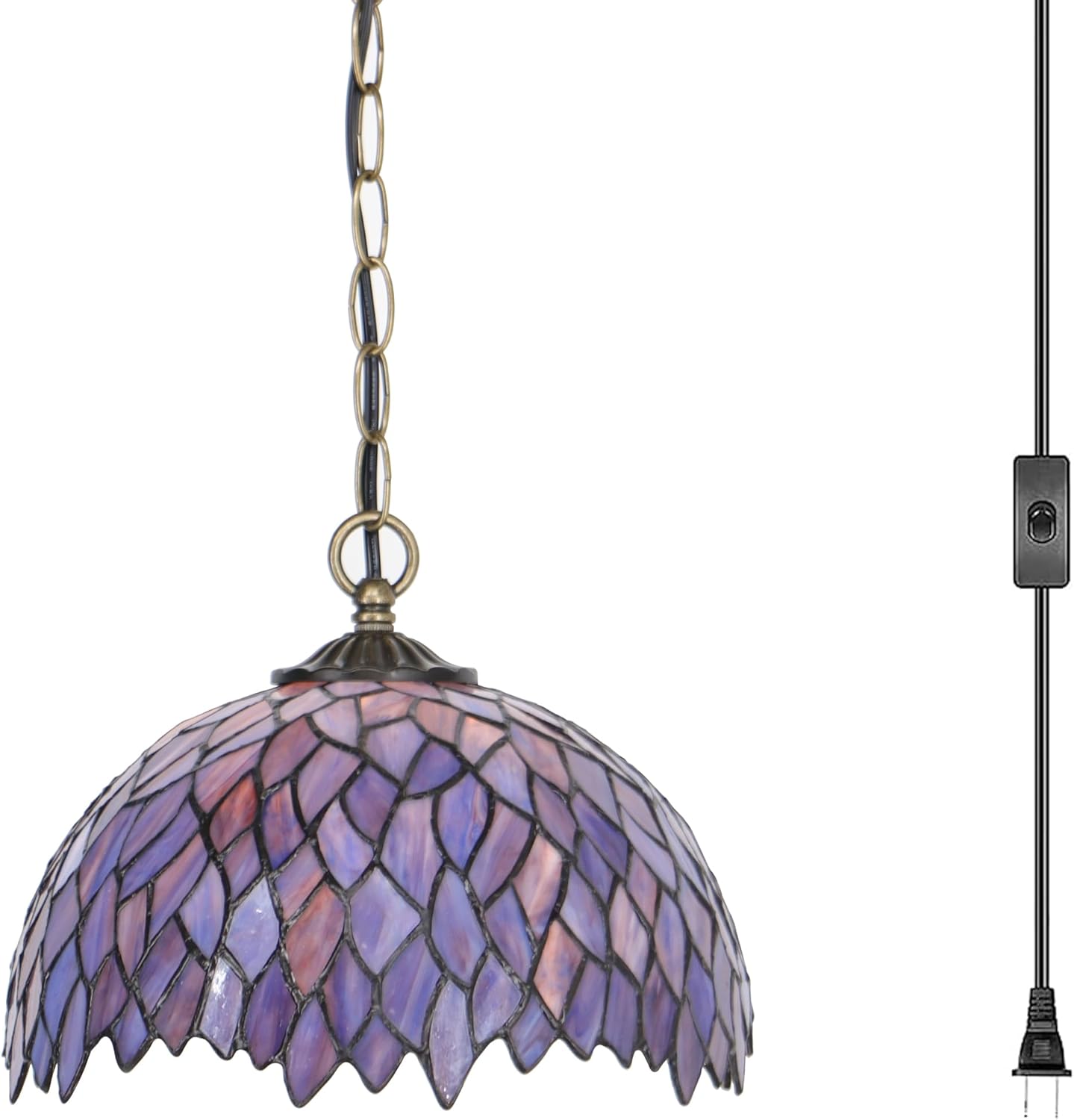 Stained Glass Pendant Light Plug in 12 inch Stained Glass Hanging Lamp 39 Inch Chain 15 Feet Cord (Wisteria Style)
