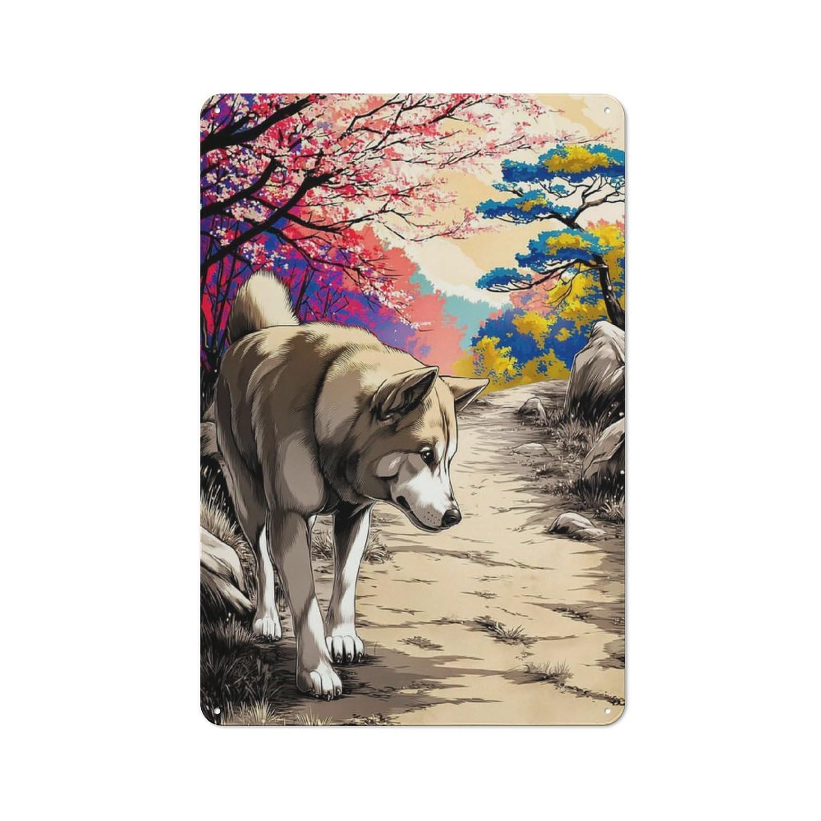 Tin Sign with Autumnal Path with Wolf Design 30x20cm, Vintage Workshop Wall Decor for Tool Room, Garage, Studio Or Home Bar
