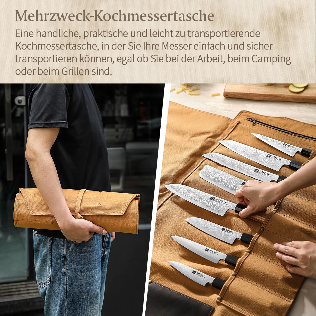 XINZUO Messertasche 78,5cmx41,5cm, Profi Koch Rolltasche, Universal Etui für Koch 8 Slots, 16oz verdickte Leinwand, können Küchenwerkzeuge halten, tragbare Messer-Werkzeugtasche (nur Tasche)