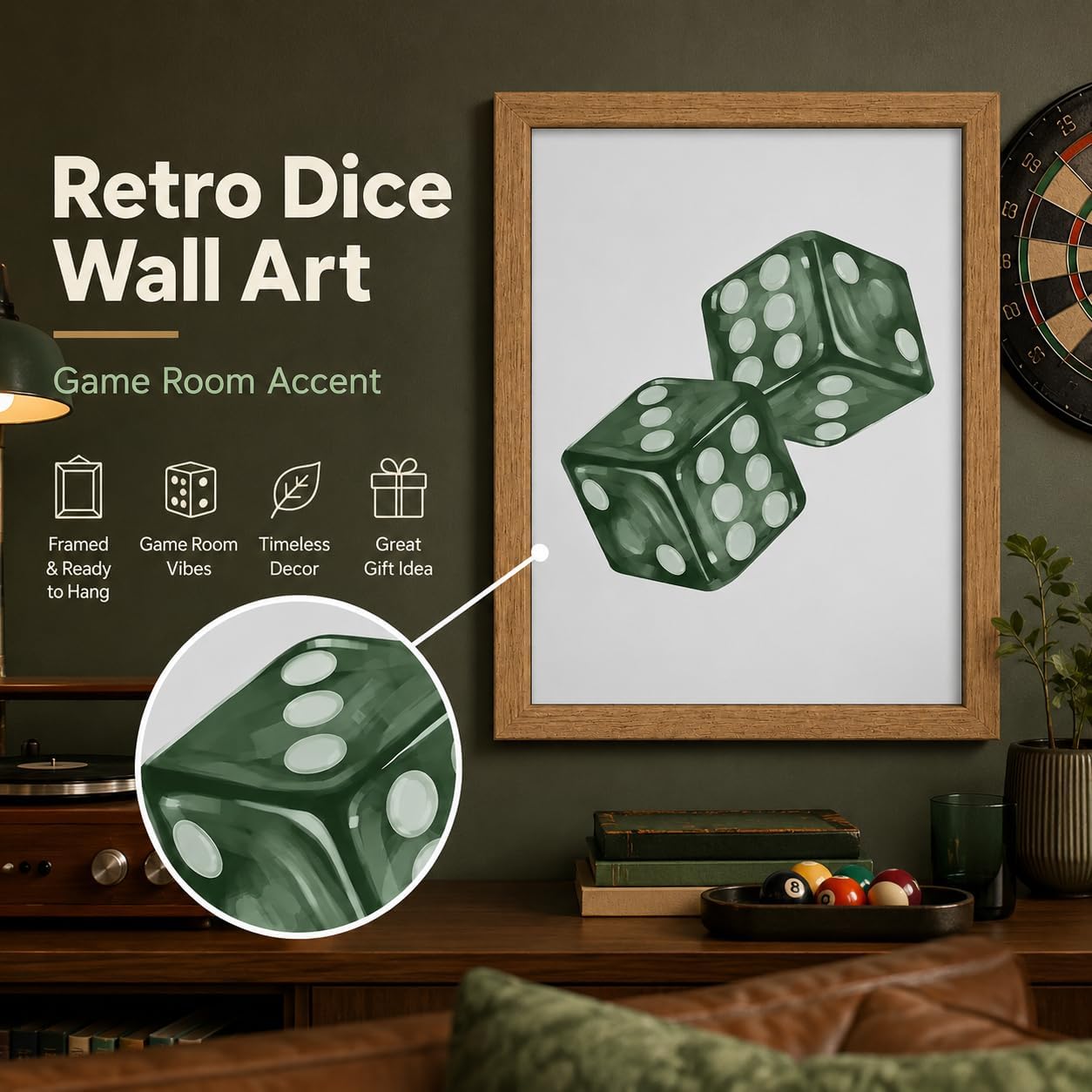 Framed Green Dice Canvas Wall Art Vintage Casino Game Style Painting Picture Wall Decor Modern Minimalist Poster Print Artwork for Bar Game Room Bedroom Home Decoration 12x16 Inch image 2
