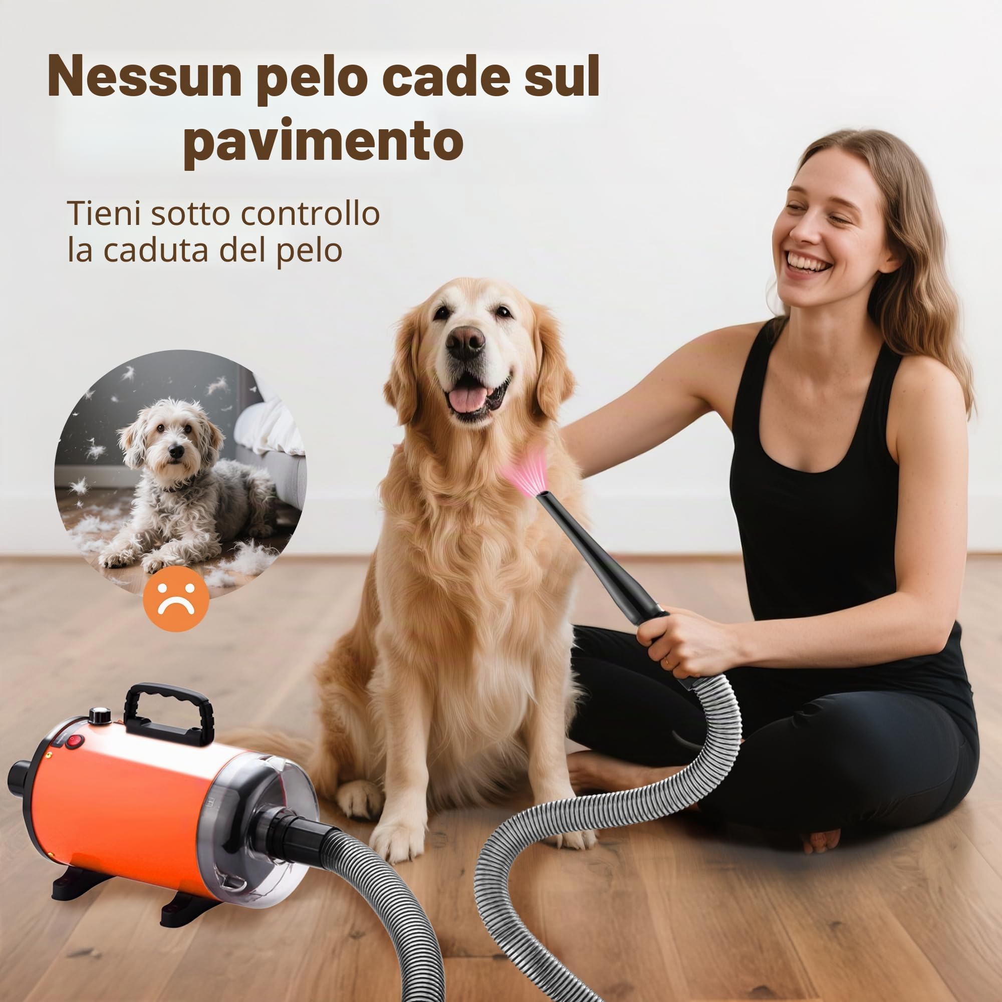 DEWINNER 2 in 1 Asciugacapelli Professionale per Cane, Blower 3200 W con Aspirapolvere, Velocità e Temperatura Regolabili, Silenzioso, 5 Ugelli, Tubo Elastico + Spazzola