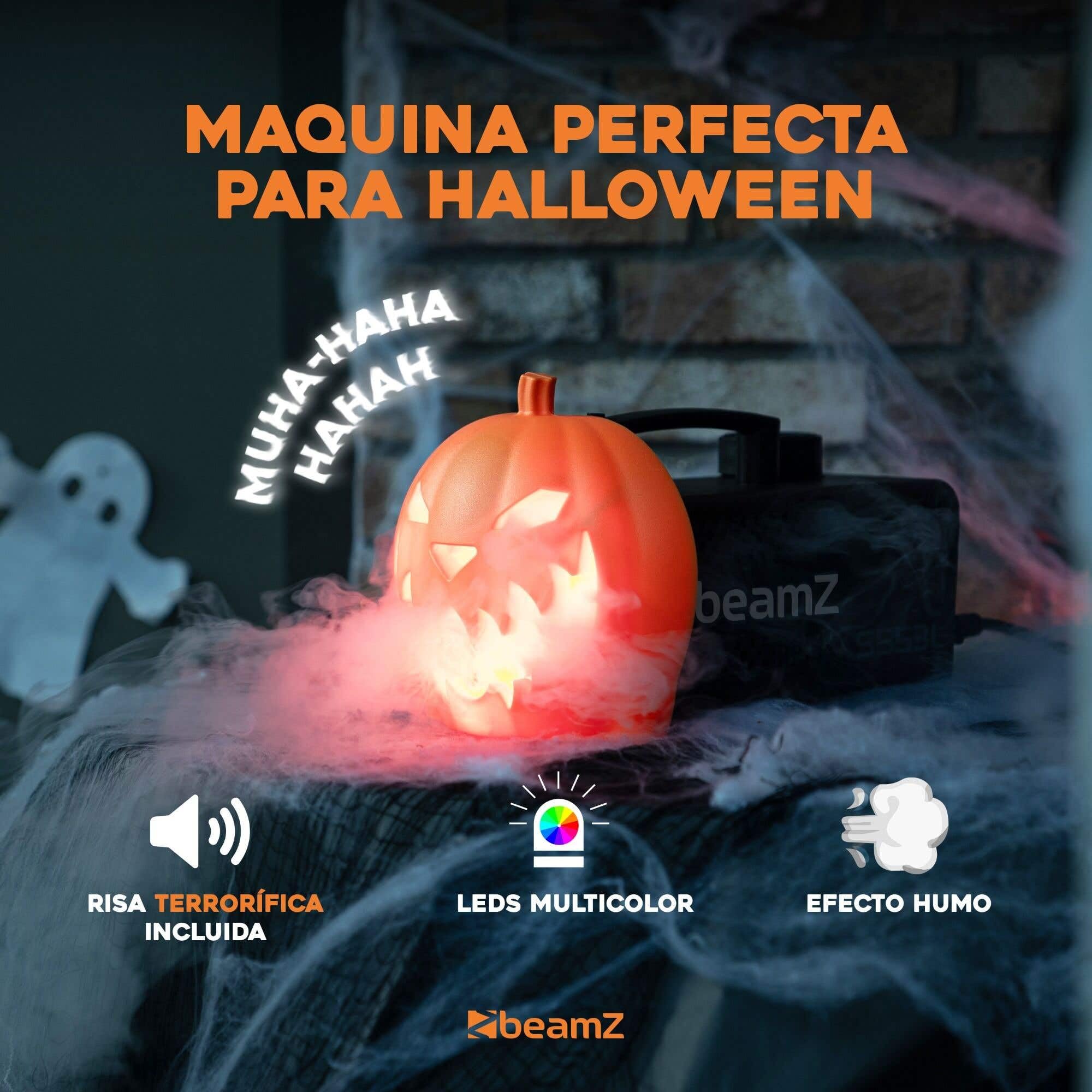 BeamZ S553L Nebelmaschine Halloween Deko mit LED Kürbis Kopf - 550 Watt Rauchmaschine mit 5L Flüssigkeit, 2-in-1 mit Halloween Kürbis Deko, 16 Farben Lichteffekt, Soundeffekt Nebelmaschine Mini