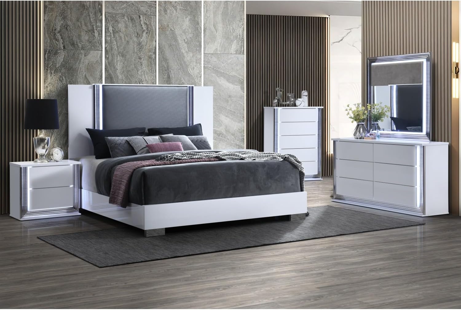 Moon Smooth White King 5PC Bedroom Set - Solid Wood+MDF White - Modern Design with Led Accent Lighting - Bedroom Decor - Elegant Finish