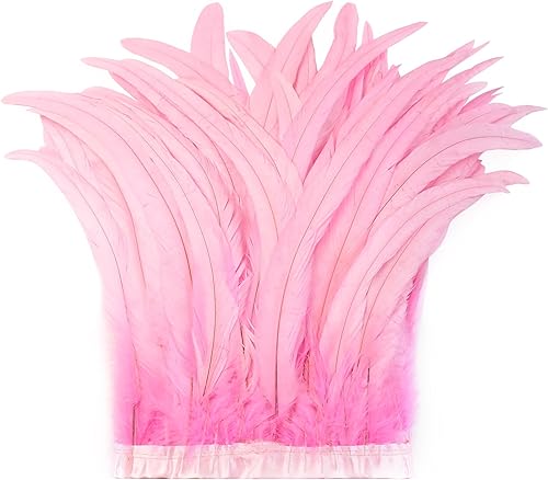 Holmgren Borde de plumas de gallo rosa, 10-12 pulgadas, 2 yardas de plumas de gallo natural para manualidades de costura, chal de plumas, tocado,