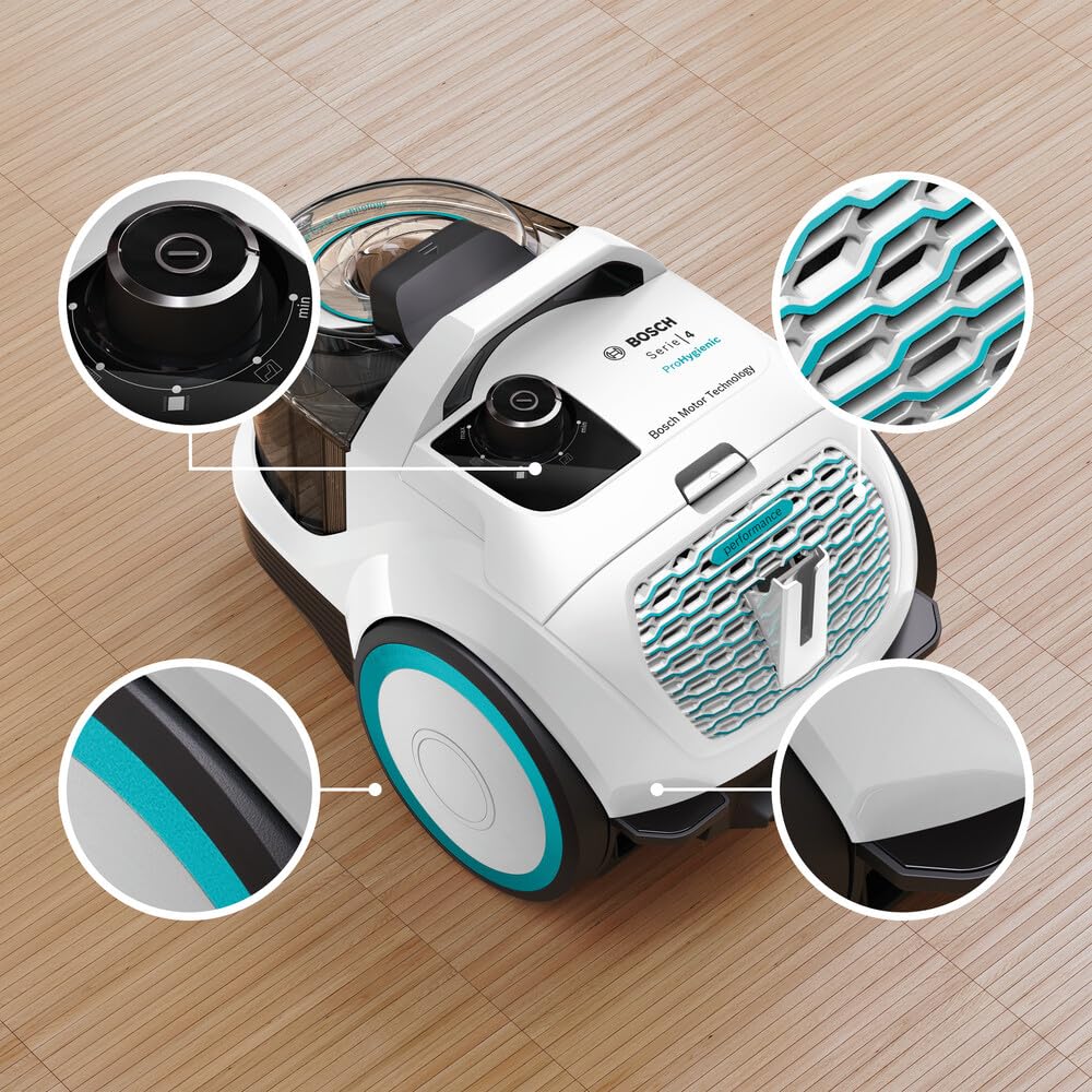 Bosch Electroménager Série 4, BGC21HYG1, aspirateur traîneau sans Sac Pro Hygiène, Filtre hygiénique UltraAllergie, Puissant et Compact, 550 Watts, Accessoire pour Matelas Inclus, Blanc