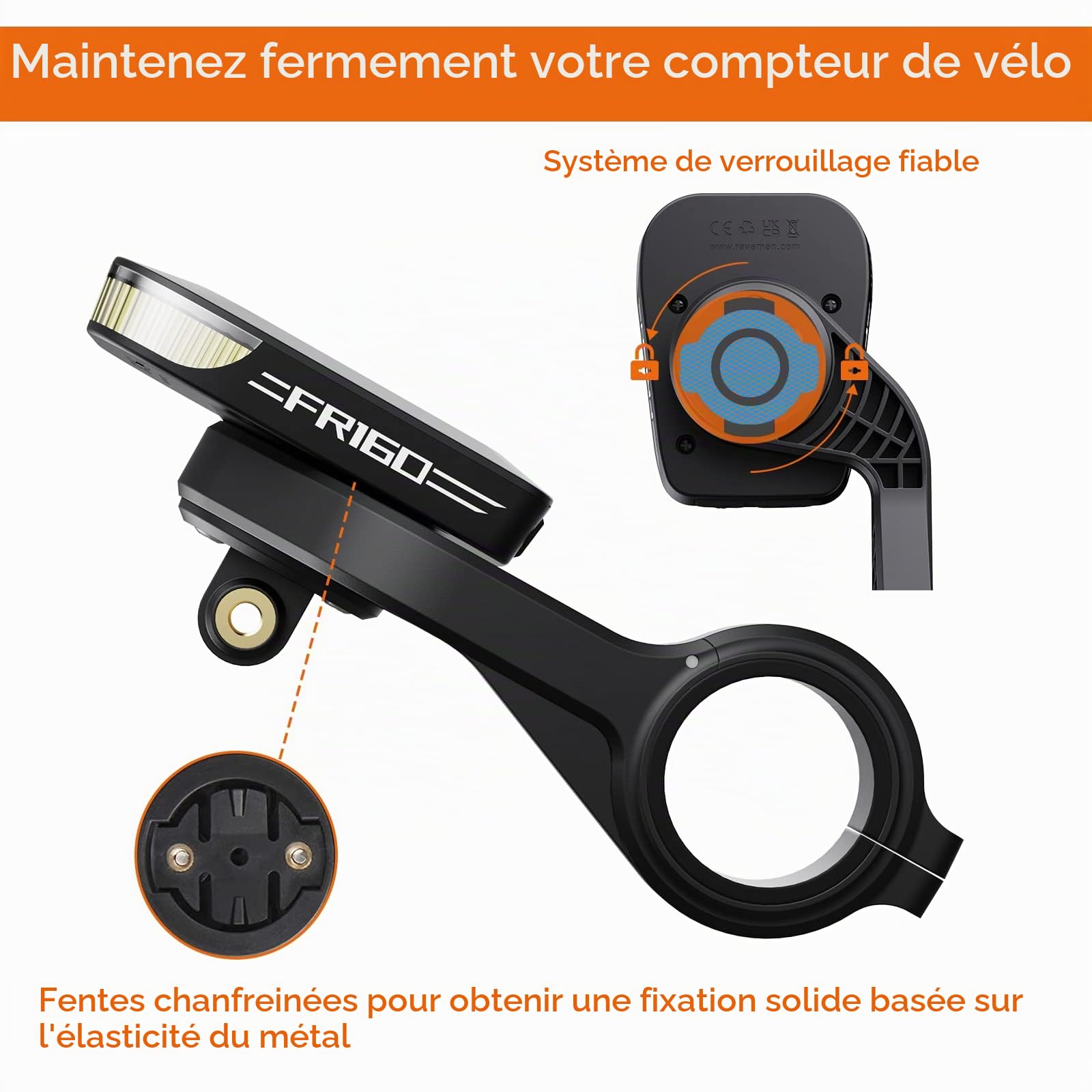 RAVEMEN AOM01 Support Compatible avec Garmin/COOSPO/CYCPLUS/iGPSPORT Compteurs Vélo, Compatible avec GoPro/FR160/Éclairage Avant,Convient aux guidons de 31,8 mm
