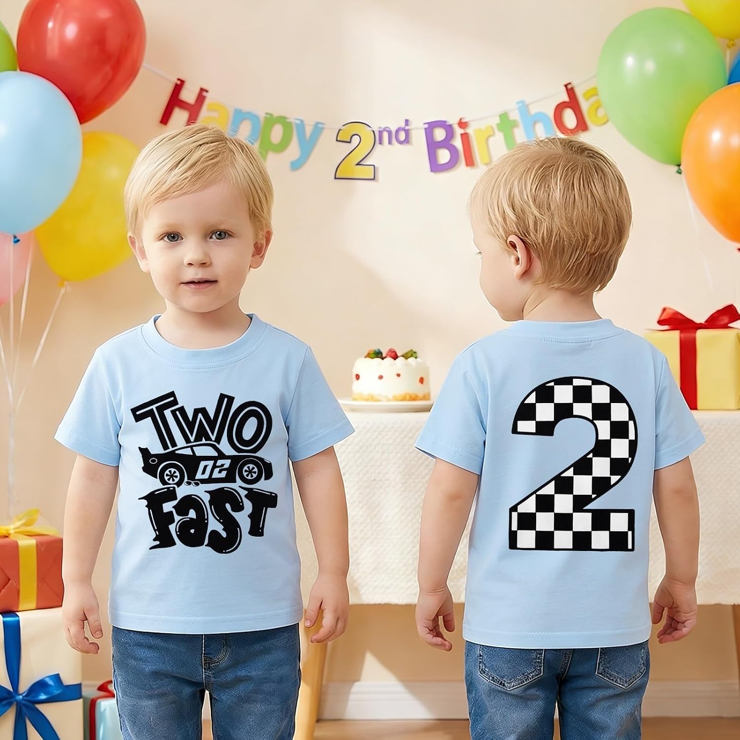 GLIGLITTR 2nd Birthday Shirt Boy Two Fast Race Car Tshirt 2 Year Old Toddler Boys Second Bday Party Outfits Short Sleeve Top