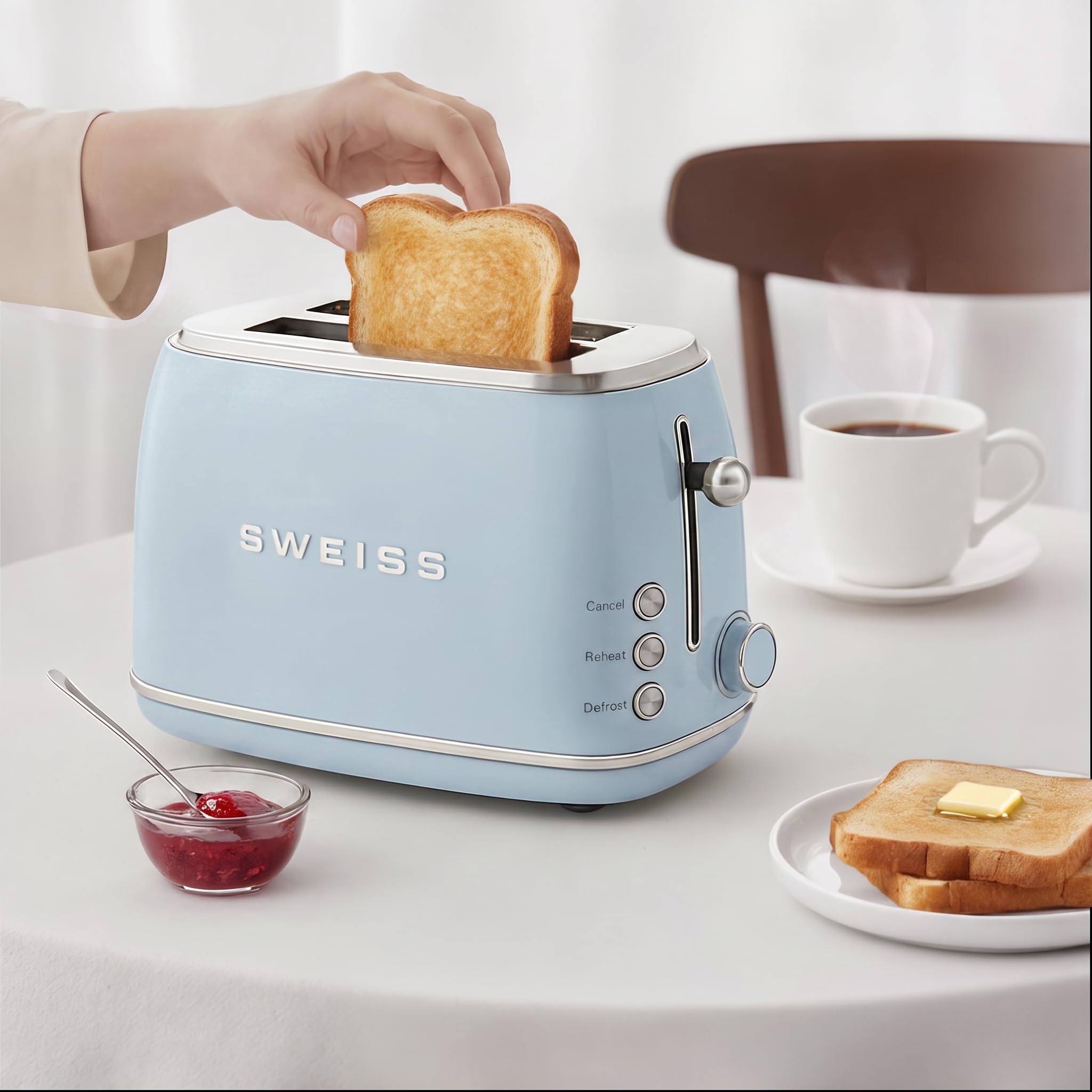 SWEISS Vintage-Toaster GRS6, 2 Schlitze, 6 Leistungsstufen, Auftaufunktion, Baguette-Funktion, schnell und gleichmäßig, einfache Reinigung, Krümelschublade, 850 W, Blau