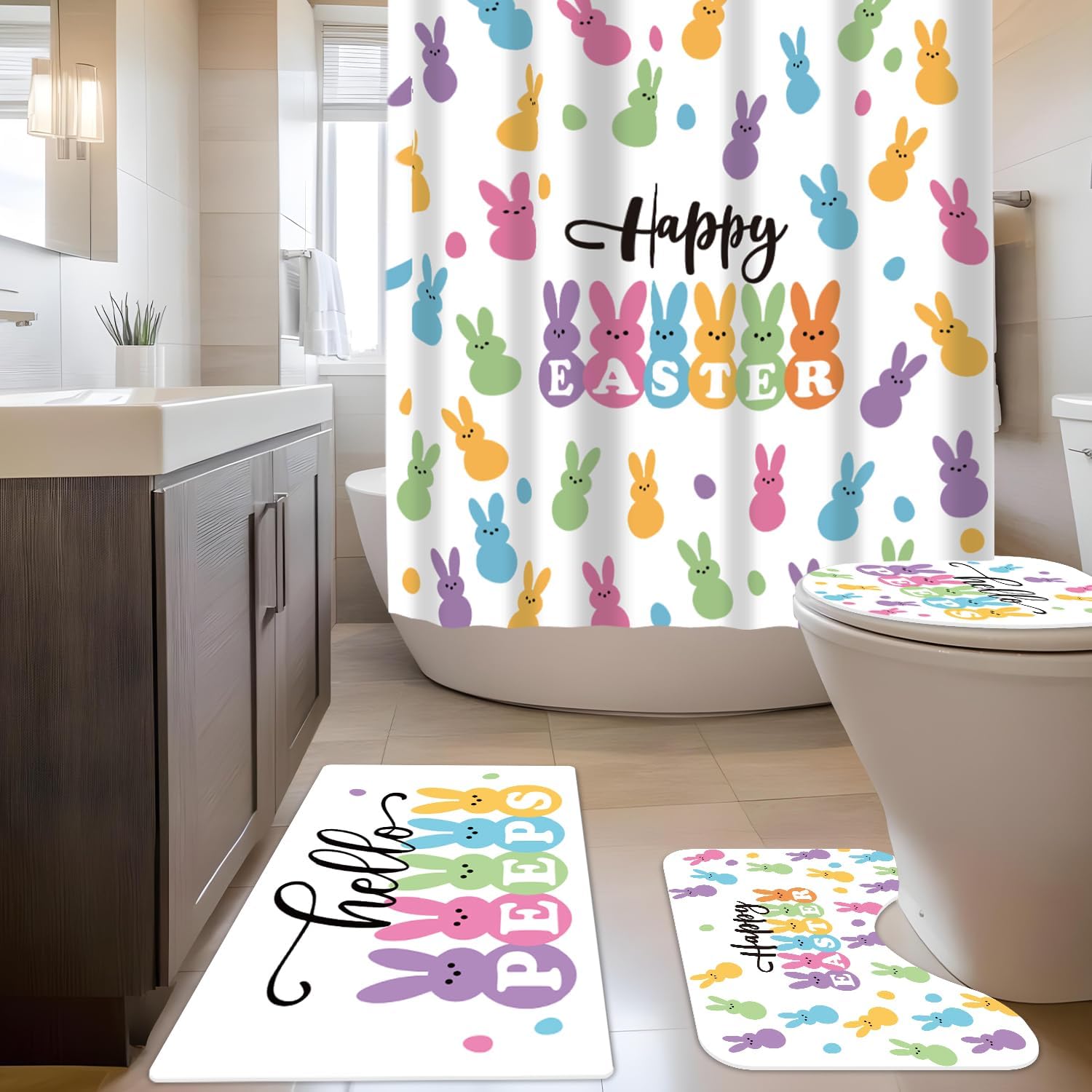 tineit Easter Shower Curtain Set, Bright Bunny Design Elevates Your Bathroom, 71 x 71 in Polyester with 12 Hooks, Coordinating Rugs and Lid Cover