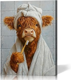 Funny Bathroom Wall Art - Highland Cow Decor Funny Cow Brushing Teeth Posters Prints with Inner Wooden Frame (12x16 Inches) - Lightweight & Easy Hanging, Rustic Farmhouse Bathroom Wall Decor