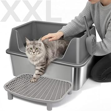 Stainless Steel Cat Litter Tray XXL 60 x 40 x 35 cm Extra High Wall Cat Litter Tray Leak-proof and Splash-Proof Easy Entry Includes Shovel and Pedal Ideal Set for Large Cats and Multi-Cat