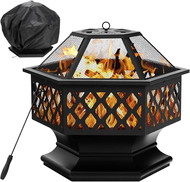COSTWAY Hexagon Outdoor Fire Pit, 61cm Height Iron Wood Burning Fire Bowl with Spark Screen, Fire Poker, Dust Cover and Triangular Bars, Charcoal Braziers Stove Firepits for Bonfire BBQ, Dia: 70cm