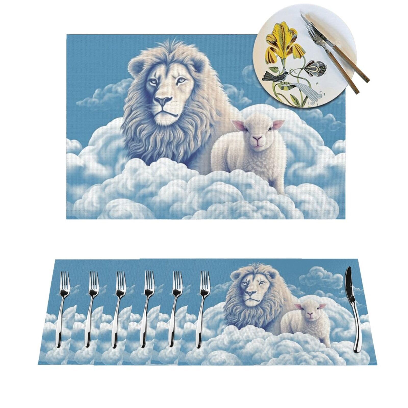 Sets de table faciles à nettoyer anti-tache motif agneau et lion 4x