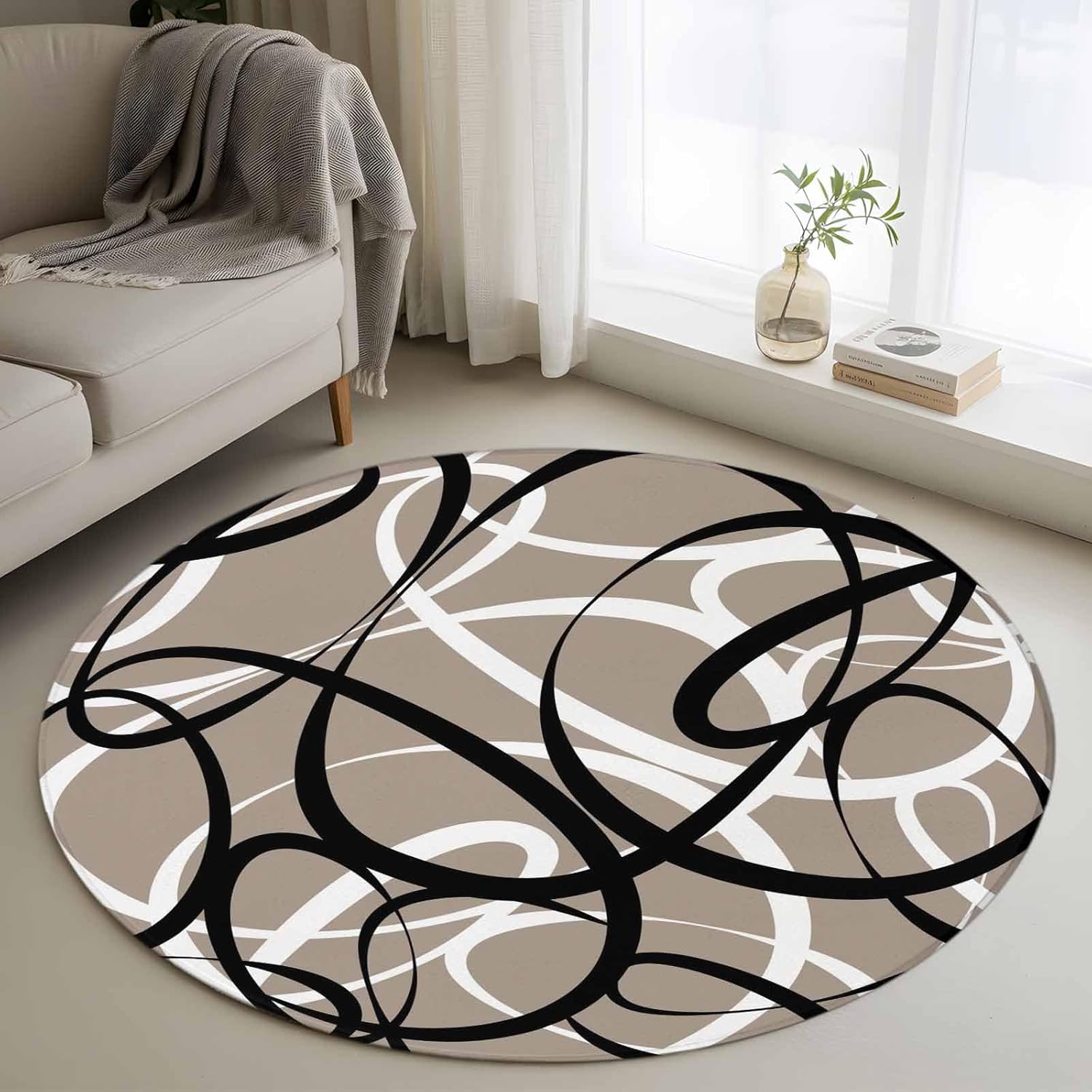 Round Area Rug 4ft, Abstract Stripe Black White on Gray Non-Slip Non-Shedding Floor Mat, Minimalist Geometric Curve Line Washable Sturdy Carpet for Living Room Bedroom Home Decor