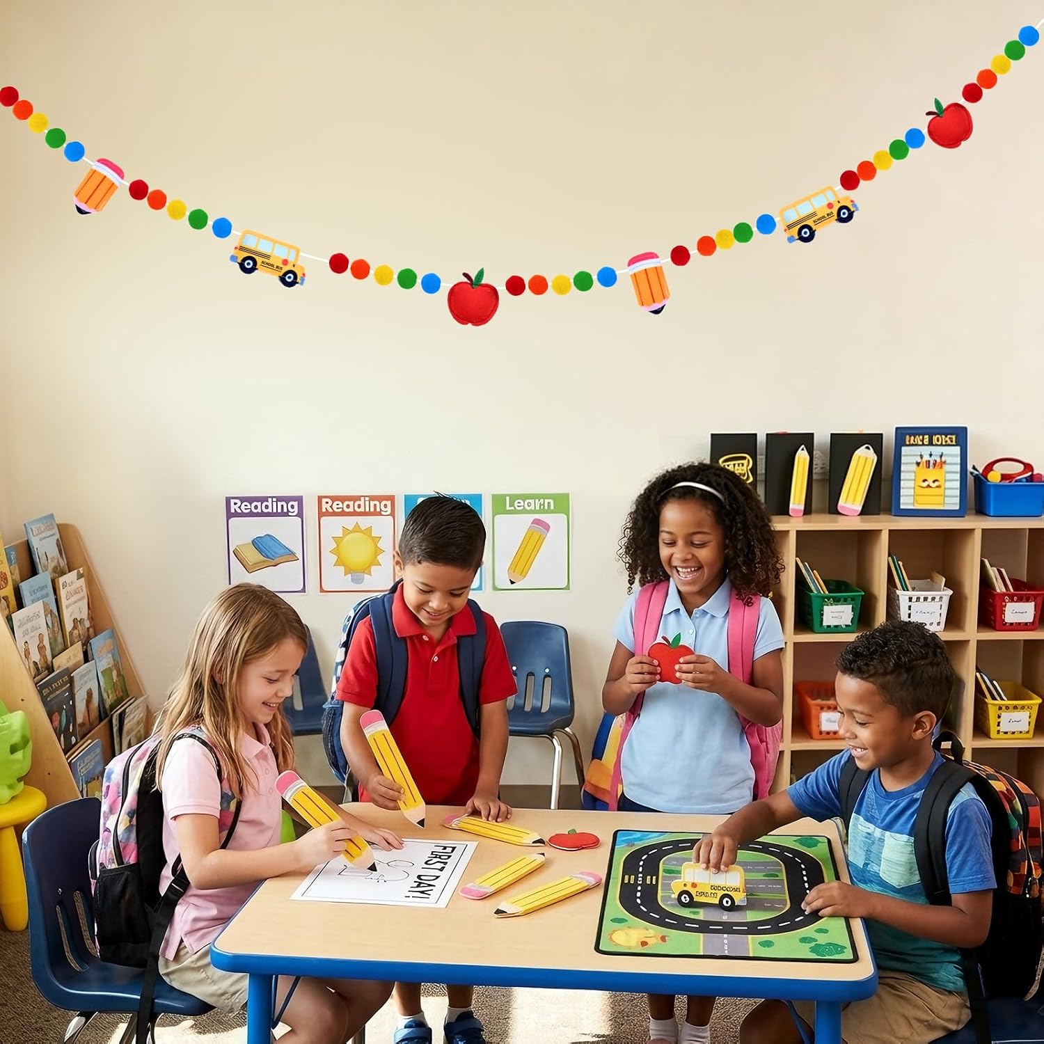 Back to School Felt Ball Garland – Colorful Pom Pom Classroom Banner with School Bus, Apple and Pencil Decorations for Classroom Wall, Bulletin Board and First Day of School Party Supplies