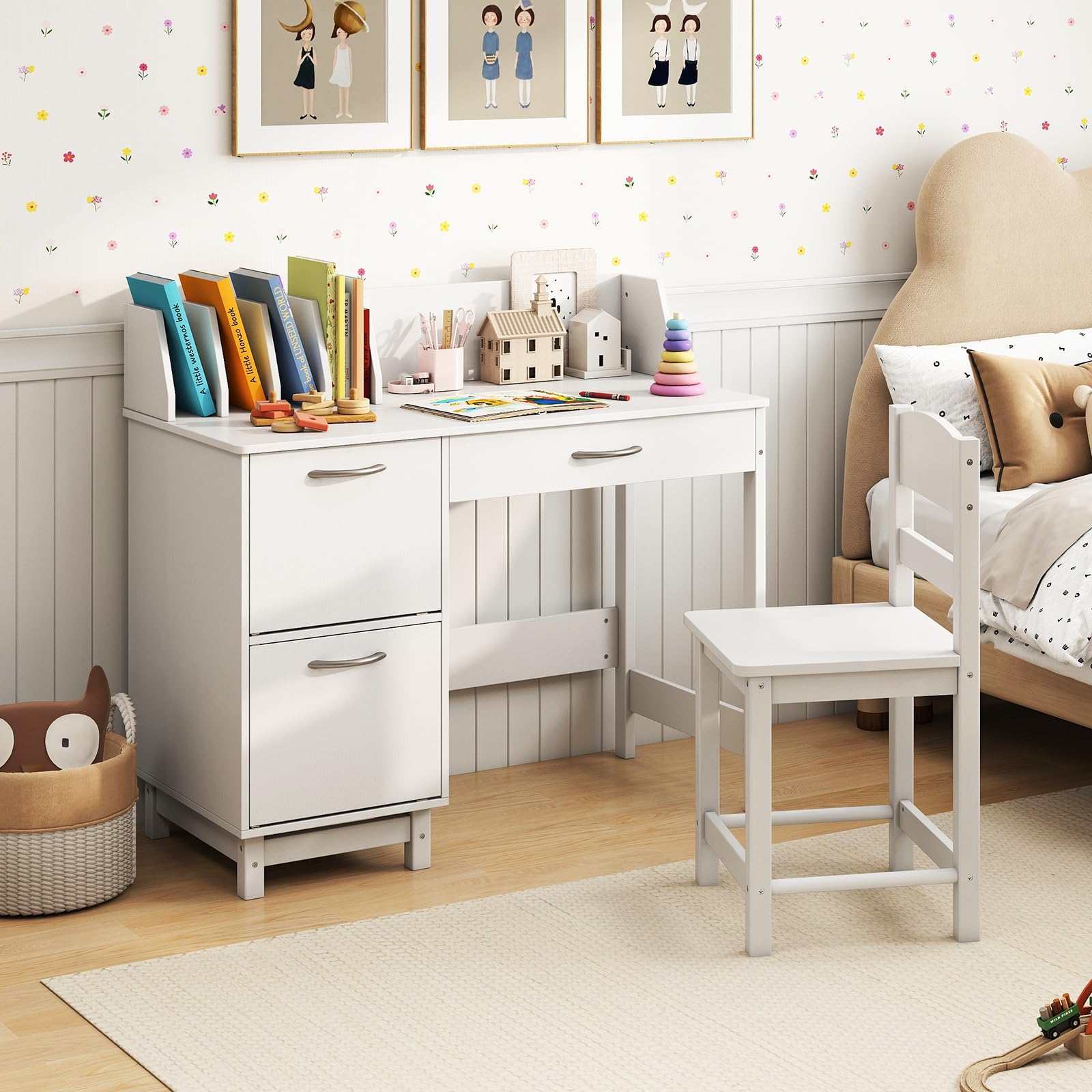 COSTWAY Schreibtisch Kinder Set mit Stuhl, Kinderschreibtisch mit Stauraum, Schülerschreibtisch mit Regal, offener Ablage & Schrank, Jugendschreibtisch für Jungen & Mädchen ab 3 Jahren (Weiß)