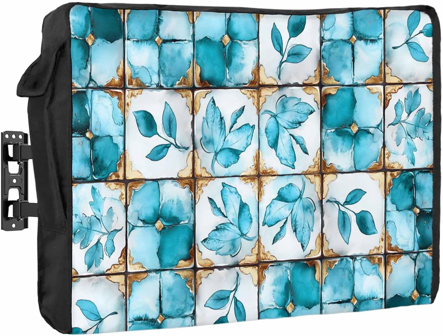 Outdoor TV Cover 65 Inch Teal Floral Leaves TV Enclosure Ethnic Style Lattice TV Covers for Outside TV Display Screen Protector with Remote Control Pocket Home Decor