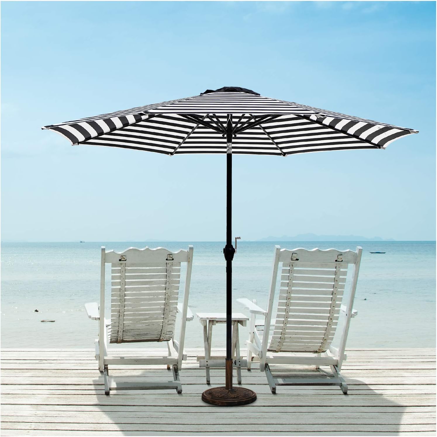 Kamots Beauty Patio Umbrella Outdoor Tilt Umbrella - 9 FT Patio Umbrella With Push Button Tilt And Crank For Backyard, Beach, Pool, Market, Garden, Deck, 8 Sturdy Ribs (black and white)