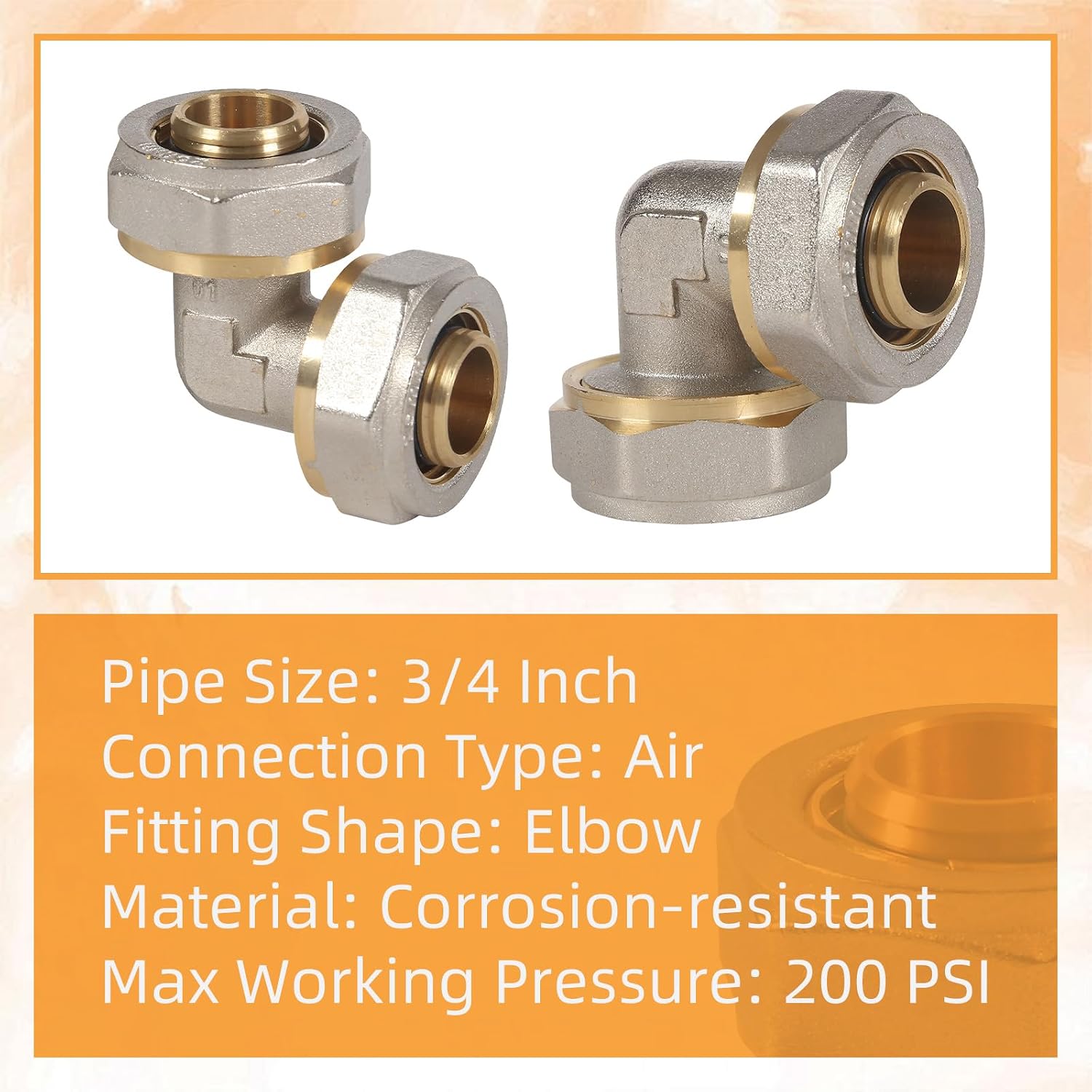 4 Pack 3/4'' Elbow Air Piping Fittings 3/4'' x 3/4'' Tubing Brass-Nickel Plated Equal Elbow Tubing Fittings for Shop Garage Compressed Air Line System Kit Air Compressor Accessories