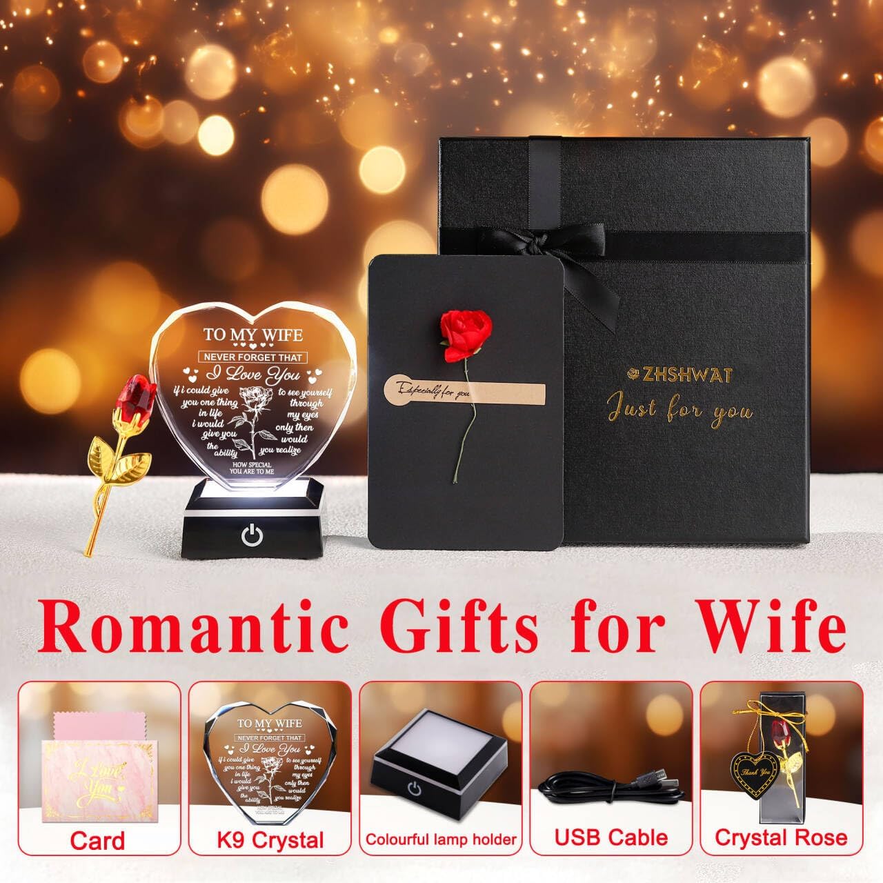 ZHSHWAT Christmas Day Birthday Gifts for Wife, Husband Crystal Multi Colour Night Light Gift for Wife, Romantic Crystal Rose Decor for Wife Anniversary Birthday Gifts Ideas - Image 2