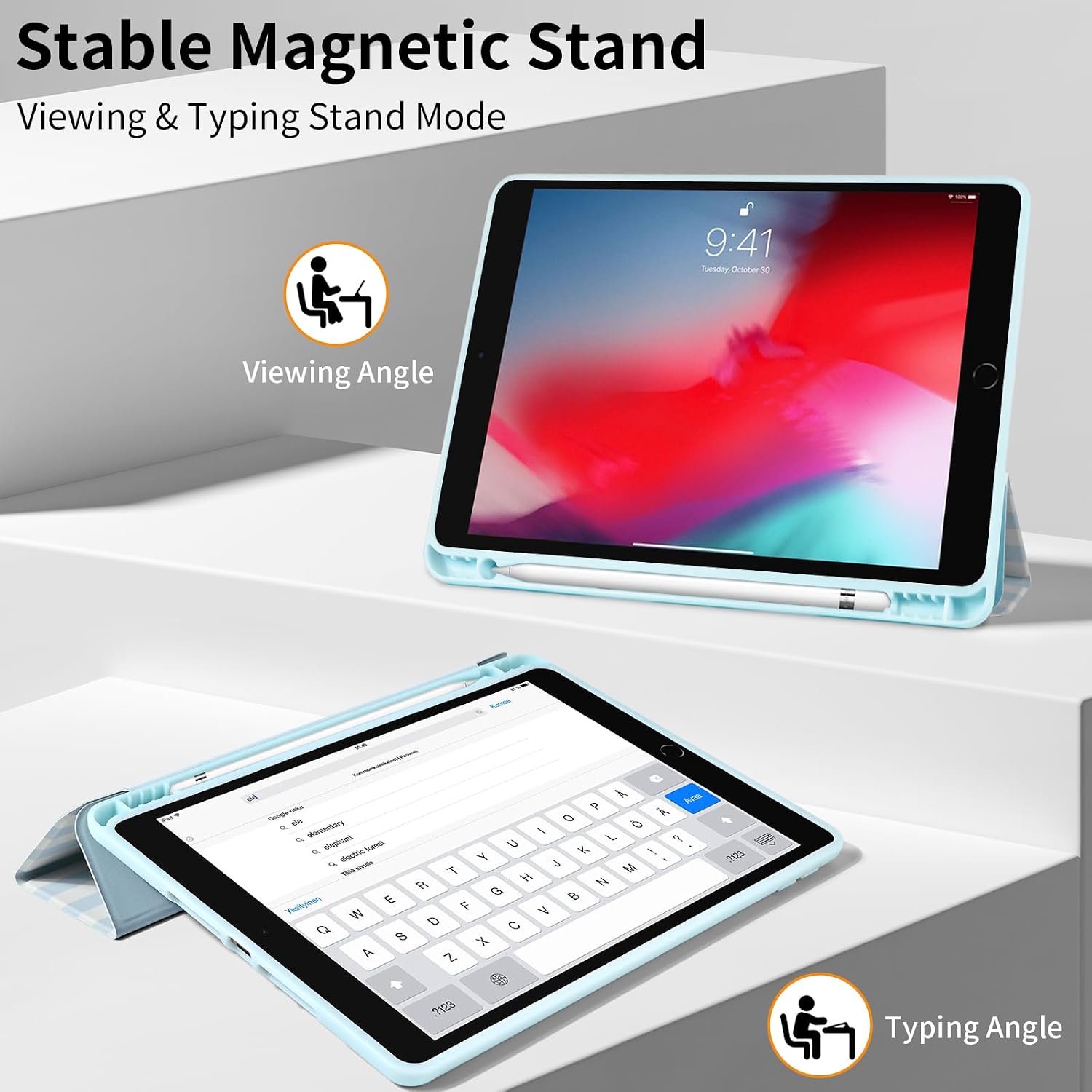Trifold Stand Case for iPad 9/8/7th Generation(2021, 2020, 2019),iPad 10.2 Inch with Pencil Holder, Cute Blue White Striped Pattern Trendy Aesthetic Design Protective Cover-White Blue Stripes