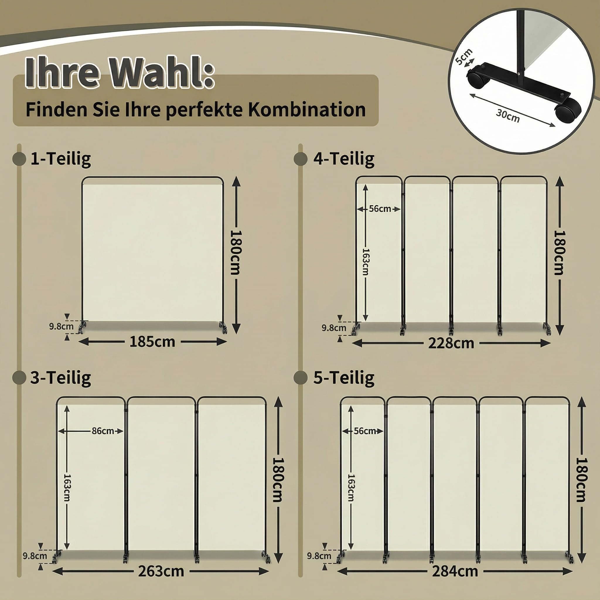 Paravento su rotelle, 1 pezzo, 185 x 180 cm, beige