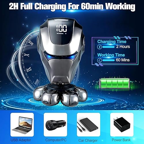 Miniatura 6 de Afeitadora eléctrica para hombres calvos, maquinilla de afeitar flotante 6 en 1 con pelo de nariz, recortadora de patillas, cepillo facial,