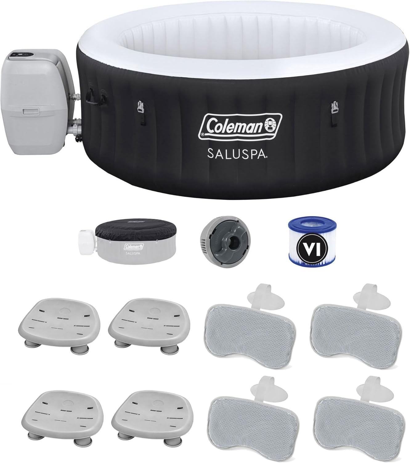 Bestway Coleman Miami AirJet Inflatable Hot Tub with EnergySense Cover Bundled with 4 SaluSpa Spa Seat and 4 Padded Headrest Pillows