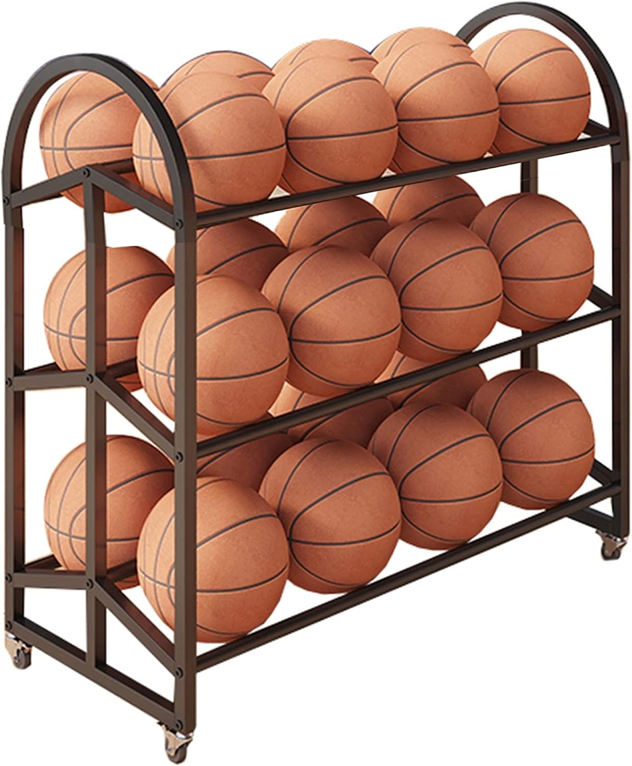 Heavy Duty Ball Storage Cart on Wheels, Large Capacity Metal Basketball Football Organizer, Freestanding Rolling Sports Equipment Rack for Kindergarten/School,Black 3 Tier