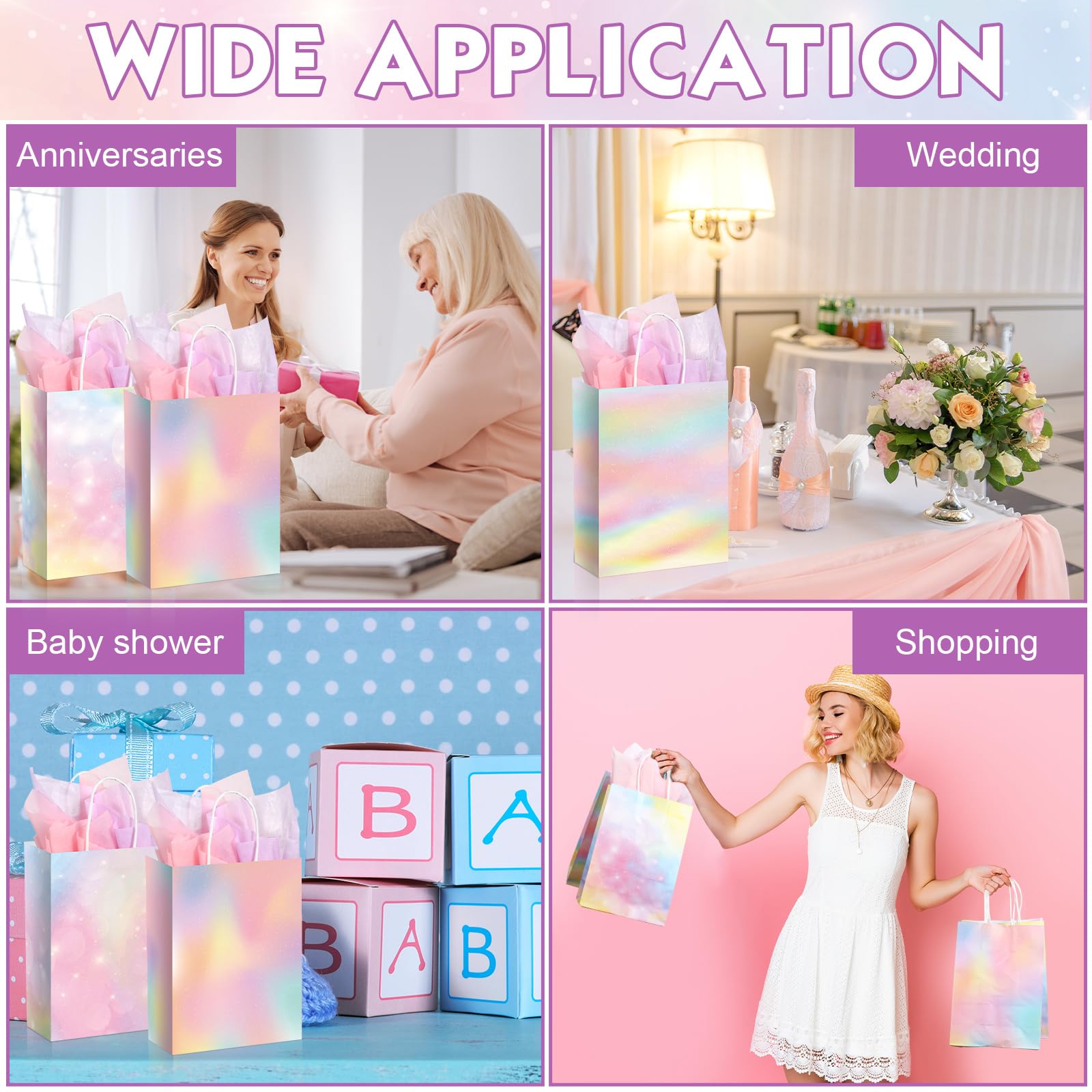 Maitys 24 Pcs Pastel Rainbow Goodie Bags with Tissue Paper, Spring Easter Party Favor Bags Rainbow Party Favor Bag Pastel Gift Bag for Kids Girls Spring Unicorn Birthday Wedding Baby Shower Decor