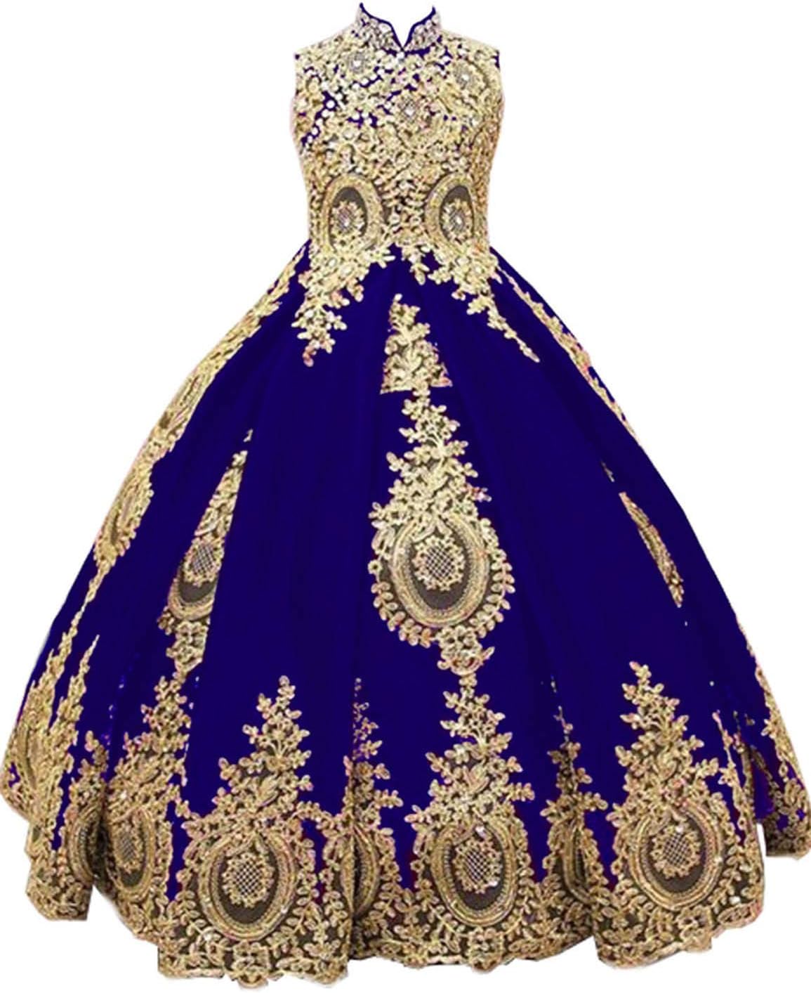 Gold Lace Flower Girl Dresses for Wedding Beaded Pageant Ball Gown First Communion Dress for Girls GS098