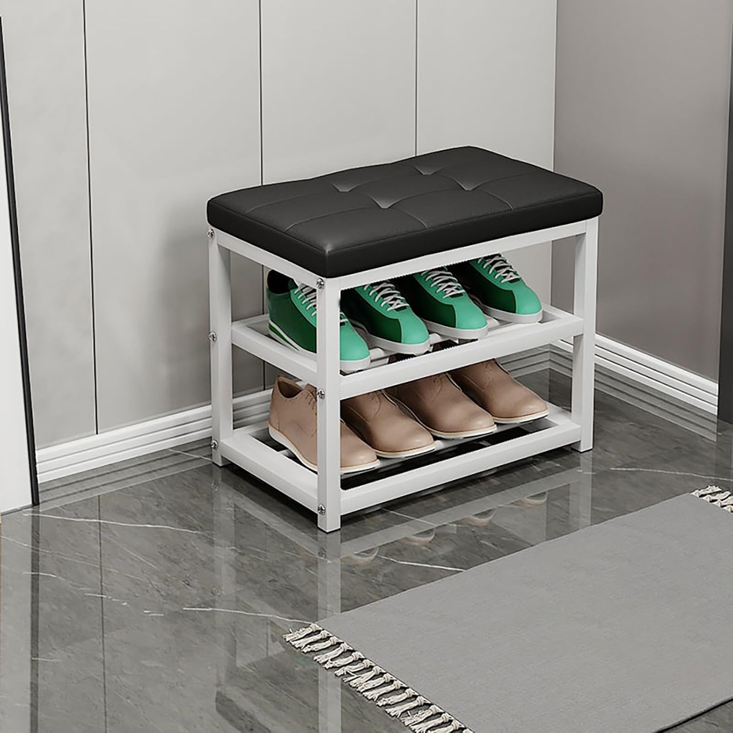 Wood Shoe Changing Stool,Modern Entryway Bench,Shoe Storage Bench,Space-Saving,for Hallway Living Room Mudroom.(Black,35.4x11.8x17.7in)