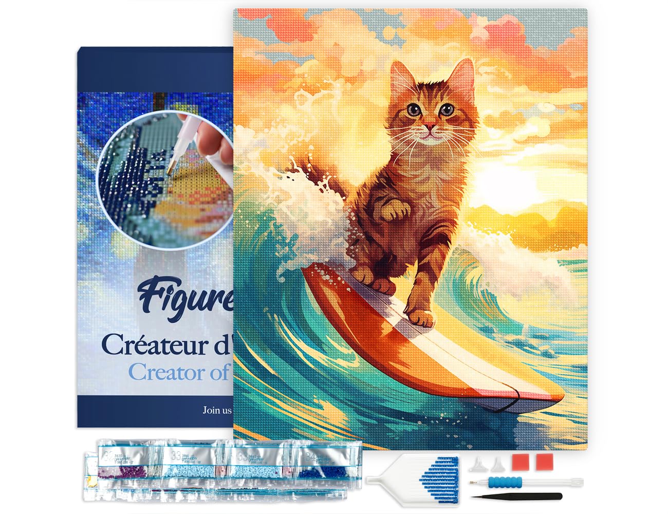 Figured'Art Diamond Painting Erwachsene 40x50cm Mit Rahmen Ganze Leinwand gespannt Surfende Katze 5D Bilder Eckige Steine - DIY Set Basteln