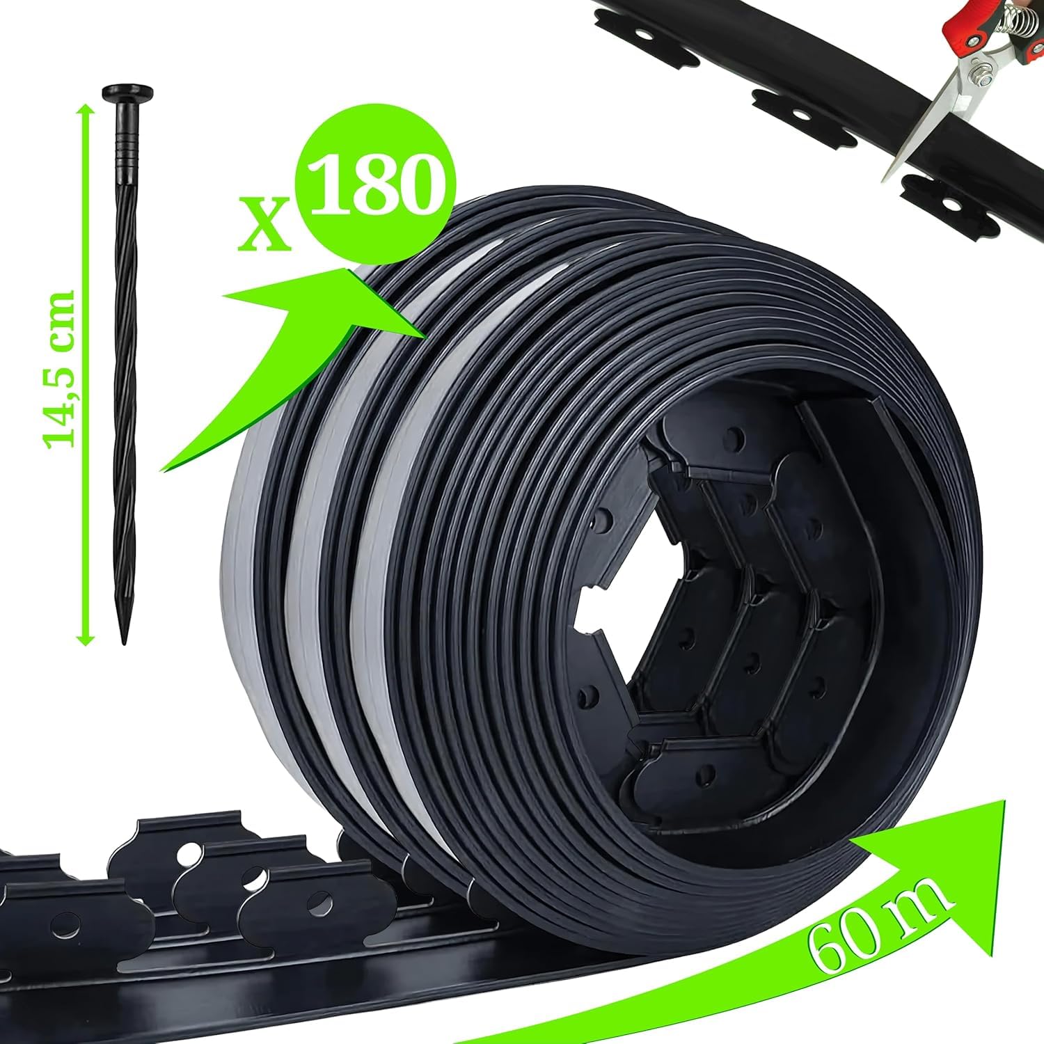 H&F Heimtextilien 3er Set Rasenkante Kunststoff Schwarz - Gesamtlänge 60 m (3×20 m) - 5 cm hoch, 5 cm tief - inkl. 180 Erdanker