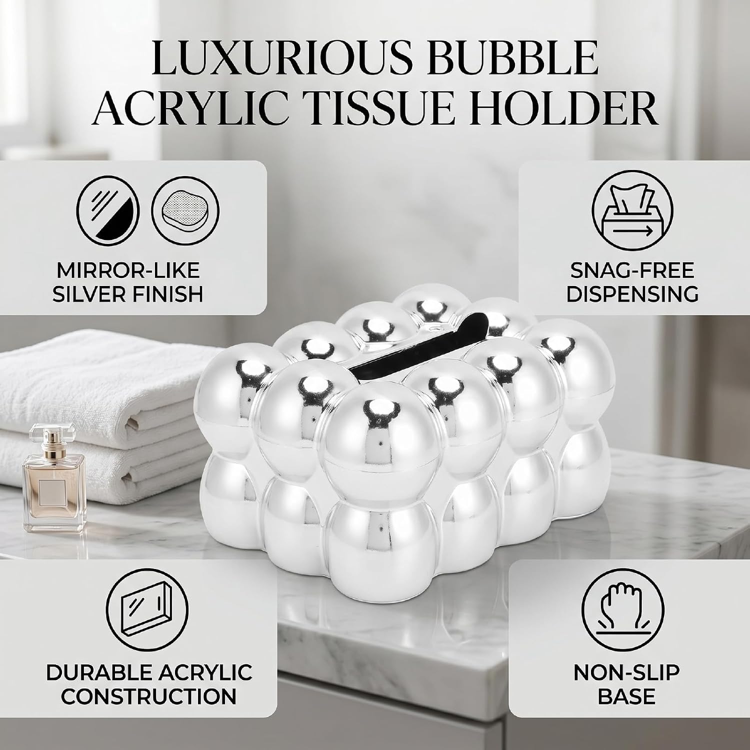 AUNMAS Tissue Box Holder with lid, Rectangular Napkin Facial Tissues Dispenser Hemispheric Shape with Bubble Texture Decorative Napkin Holder for Living Room,Silver (Silver)