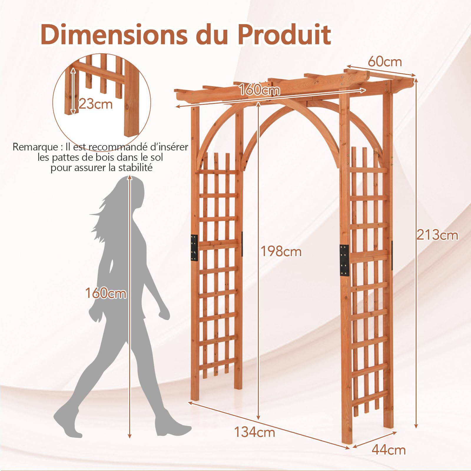RELAX4LIFE 2,2M Arche de Jardin en Bois avec Treillis pour Plantes Grimpantes & Rosiers & Vignes, Pergola d'escalade pour Décoration Pelouse Arrière-Cour, 160 x 60 x 217cm (160x60x213 cm)