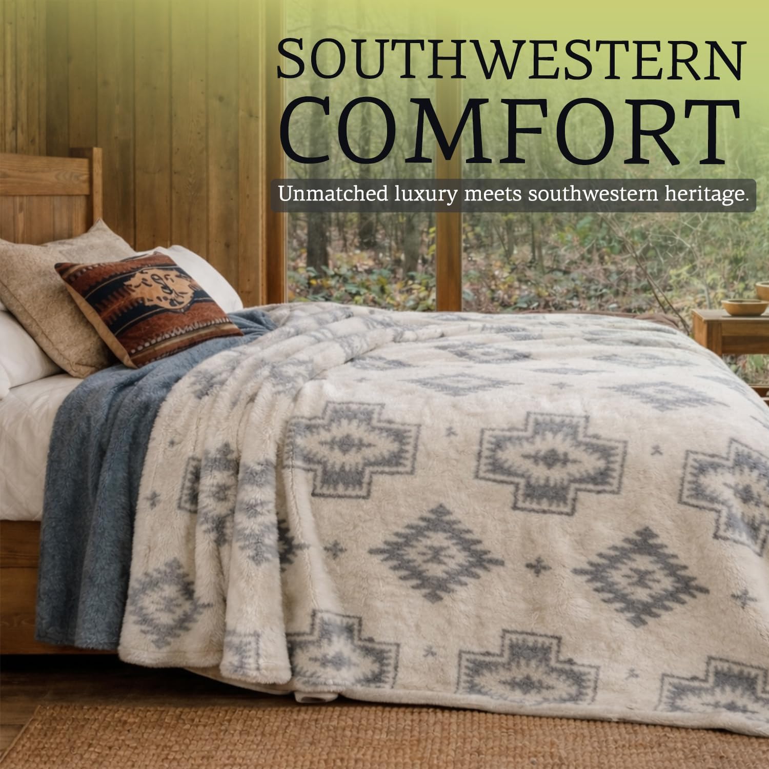 Sacred Thread Aztec Blanket Fleece, Reversible Native American Blanket, Western Throw, Native American Western (Monochrome Flannel) (King (87”x95”))
