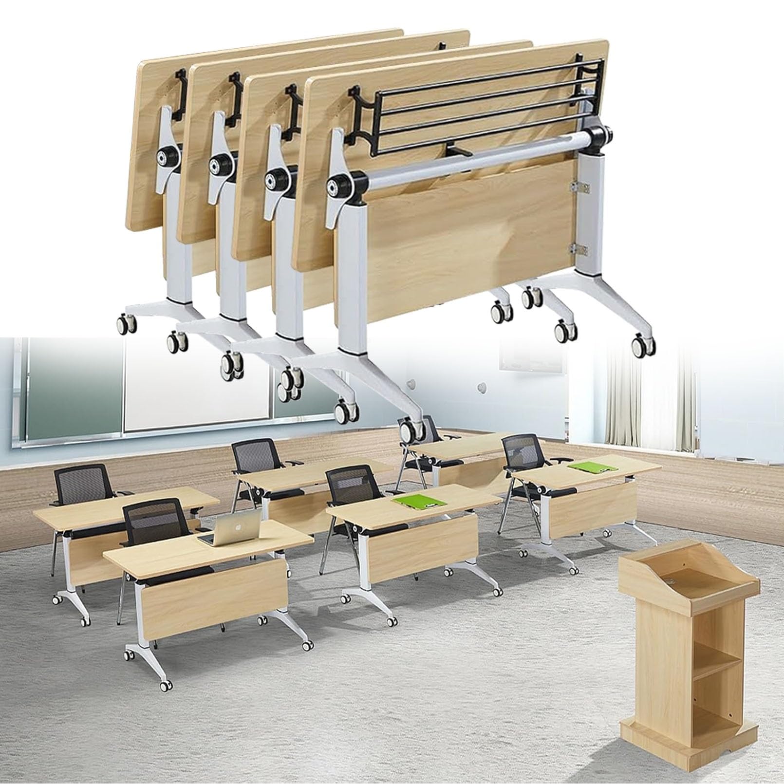 Tavolo da formazione pieghevole multiuso – Piano ribaltabile, 4 ruote piroettanti, acciaio laminato a freddo resistente – Tavolo da seminario pieghevole per sala riunioni, sessioni di formazione, sp